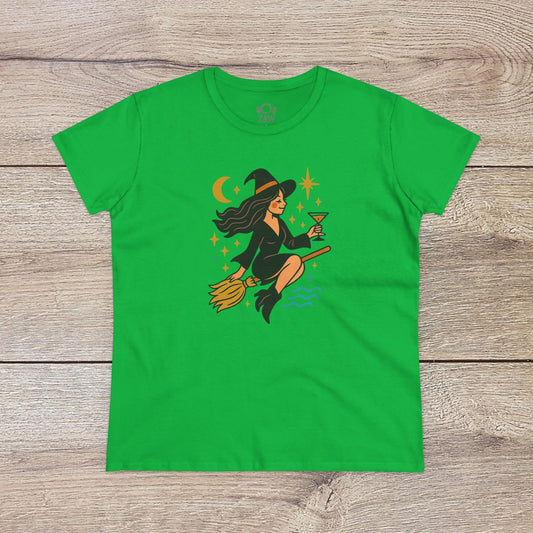 Witchy Night Out Tee featuring a colorful witch flying on a broomstick while holding a cocktail, designed for a stylish and fun look, made from 100% soft cotton, ideal for fashion-forward individuals.