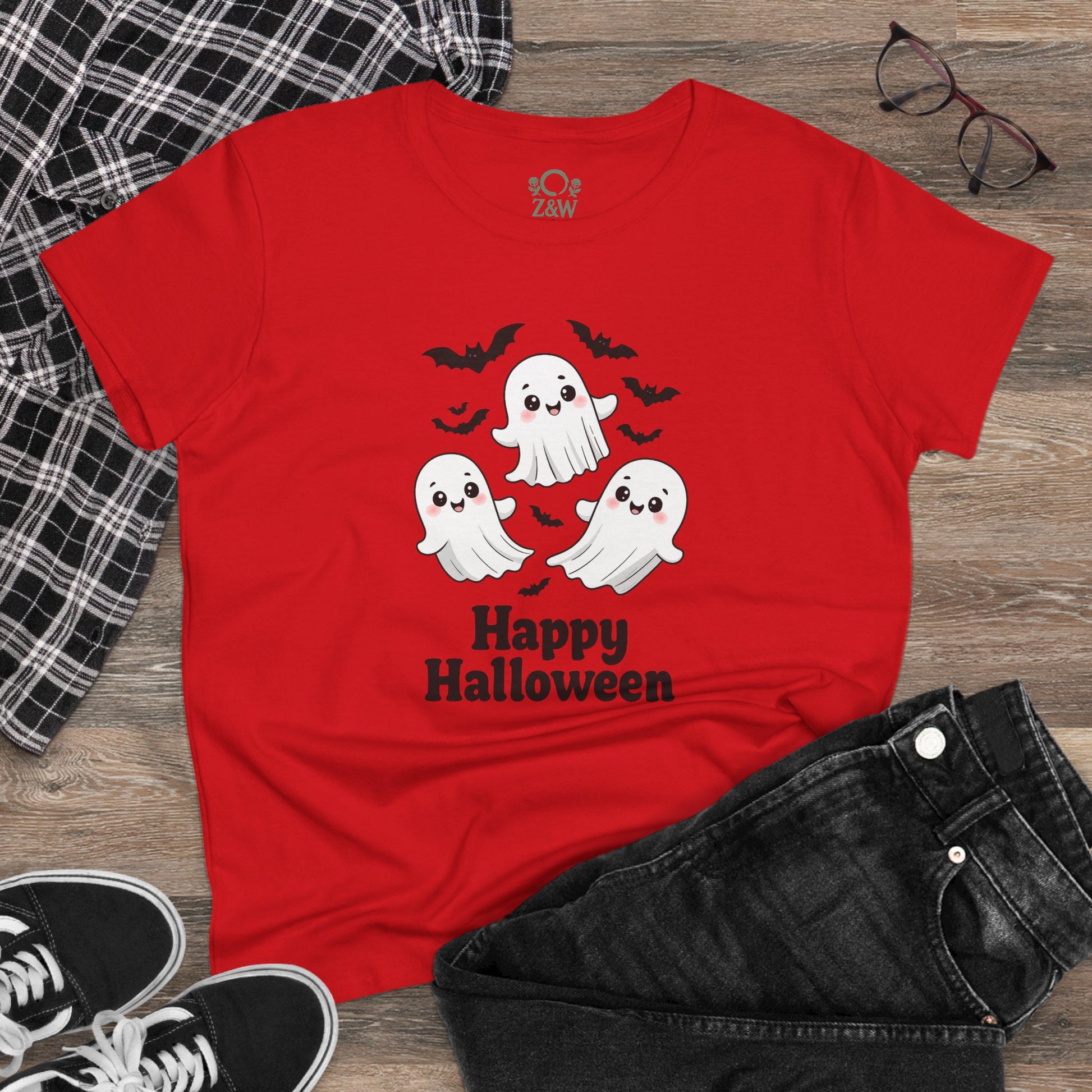 Cute Halloween Ghost T-Shirt for Kids & Adults styled with jeans, featuring an adorable ghost print, great for Halloween parties and casual outings.