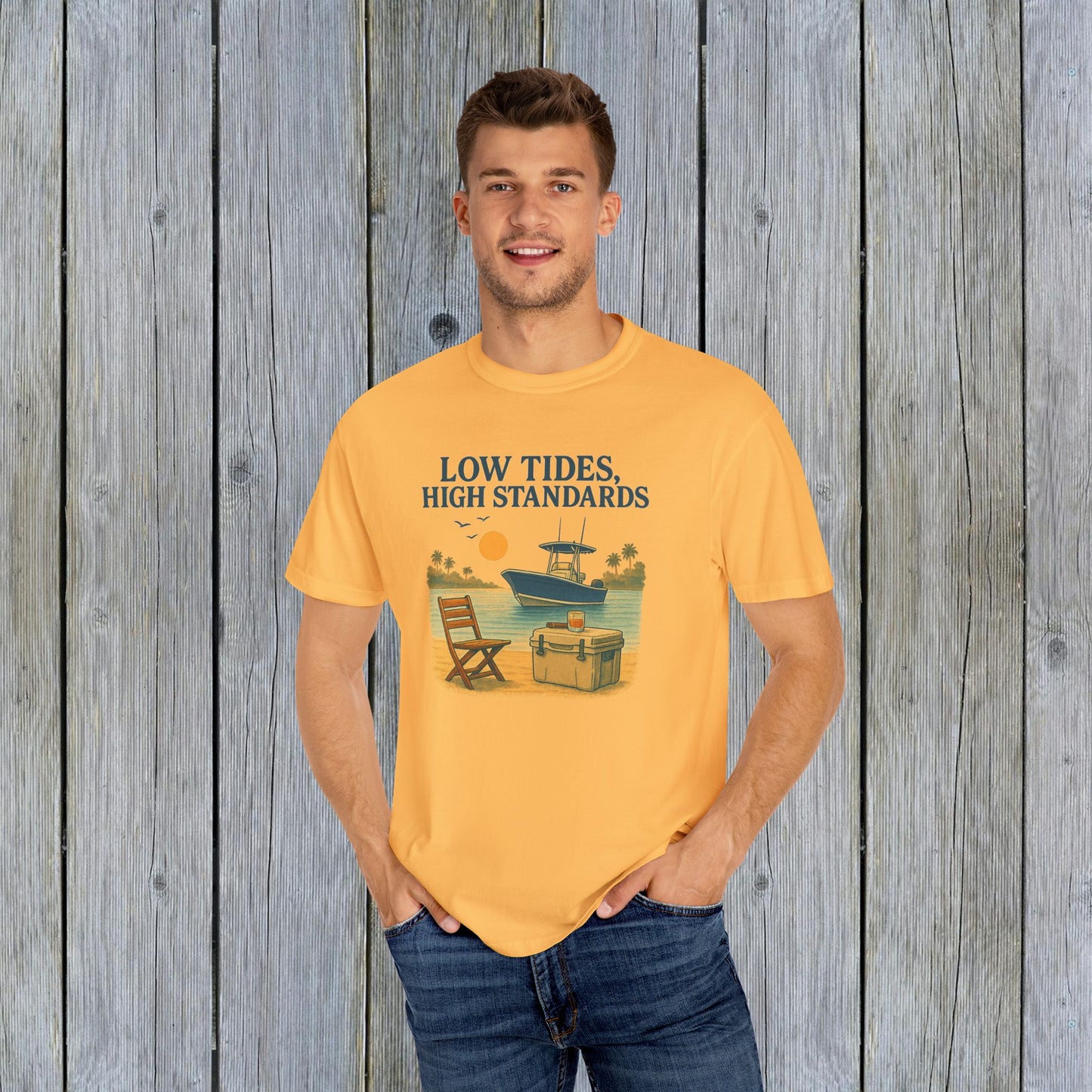 Model in a sunny yellow Garment-Dyed Low Tides High Standards T-Shirt, displaying a relaxed fit with a beach-inspired design.