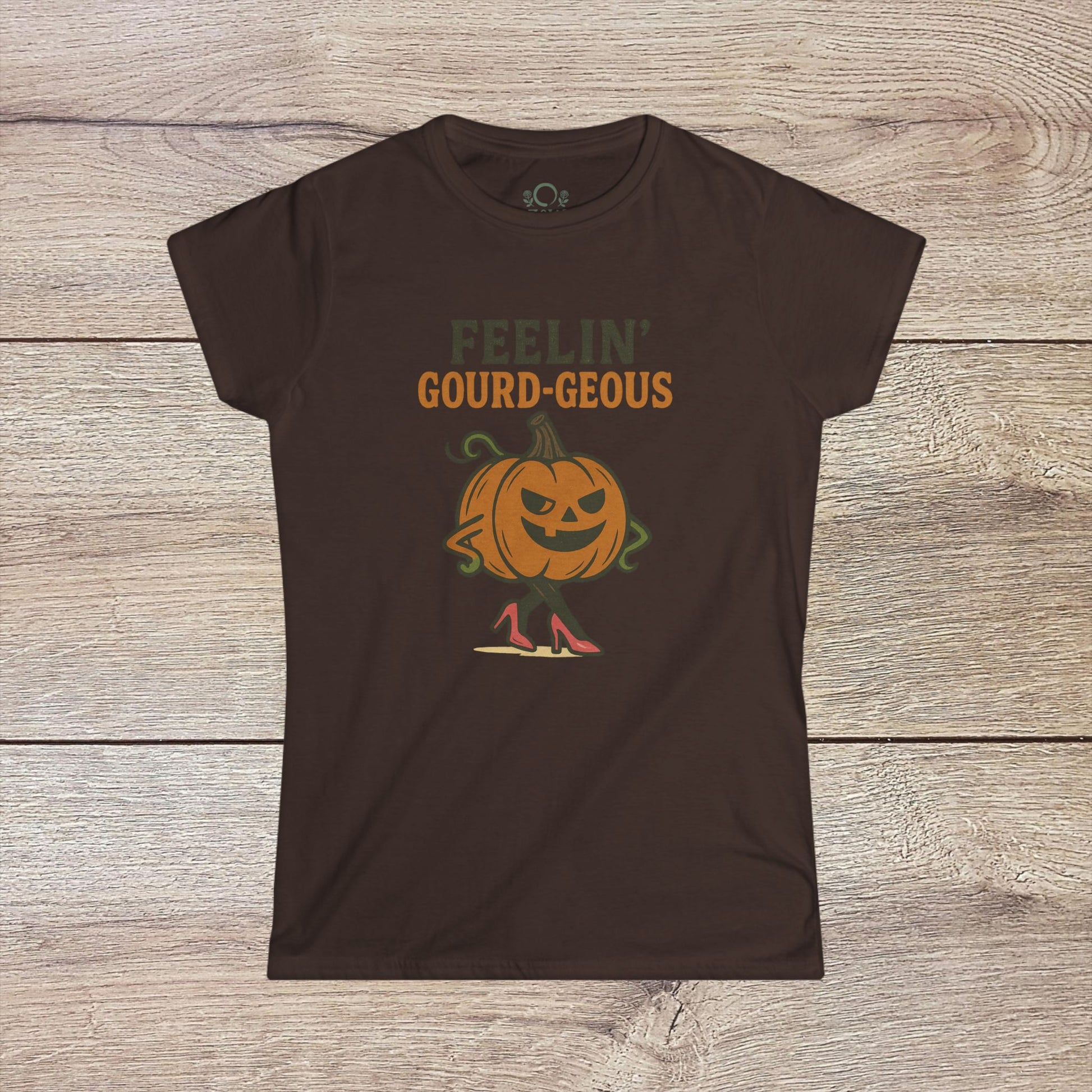 Gourd-geous Halloween Pumpkin T-Shirt in brown, highlighting a playful pumpkin graphic in heels. Perfect for festive autumn occasions.