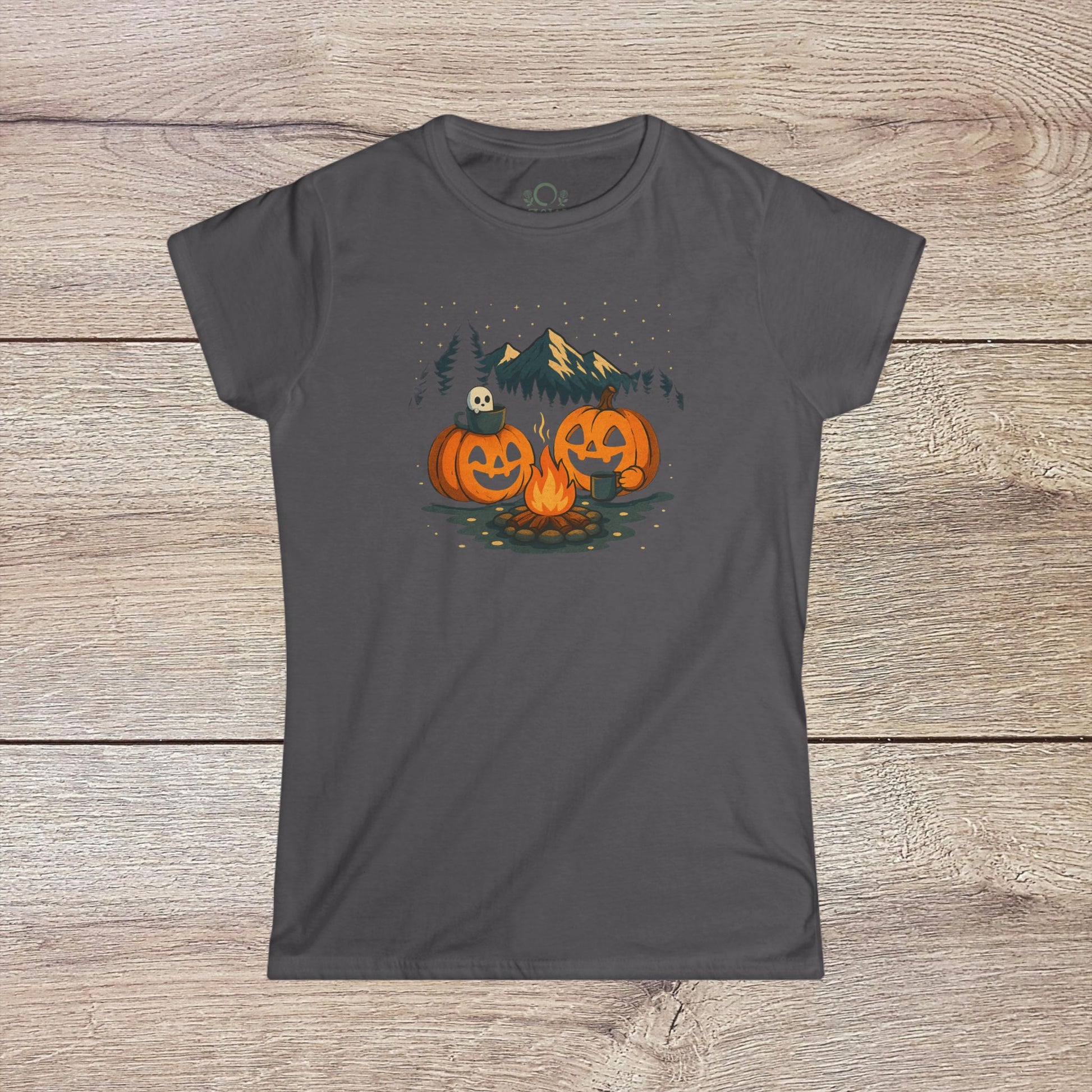 Fall Pumpkin Campfire T-Shirt in charcoal grey, decorated with playful pumpkin graphics by a campfire, great for Halloween festivities, vintage unisex fit, available in sizes S-4XL.