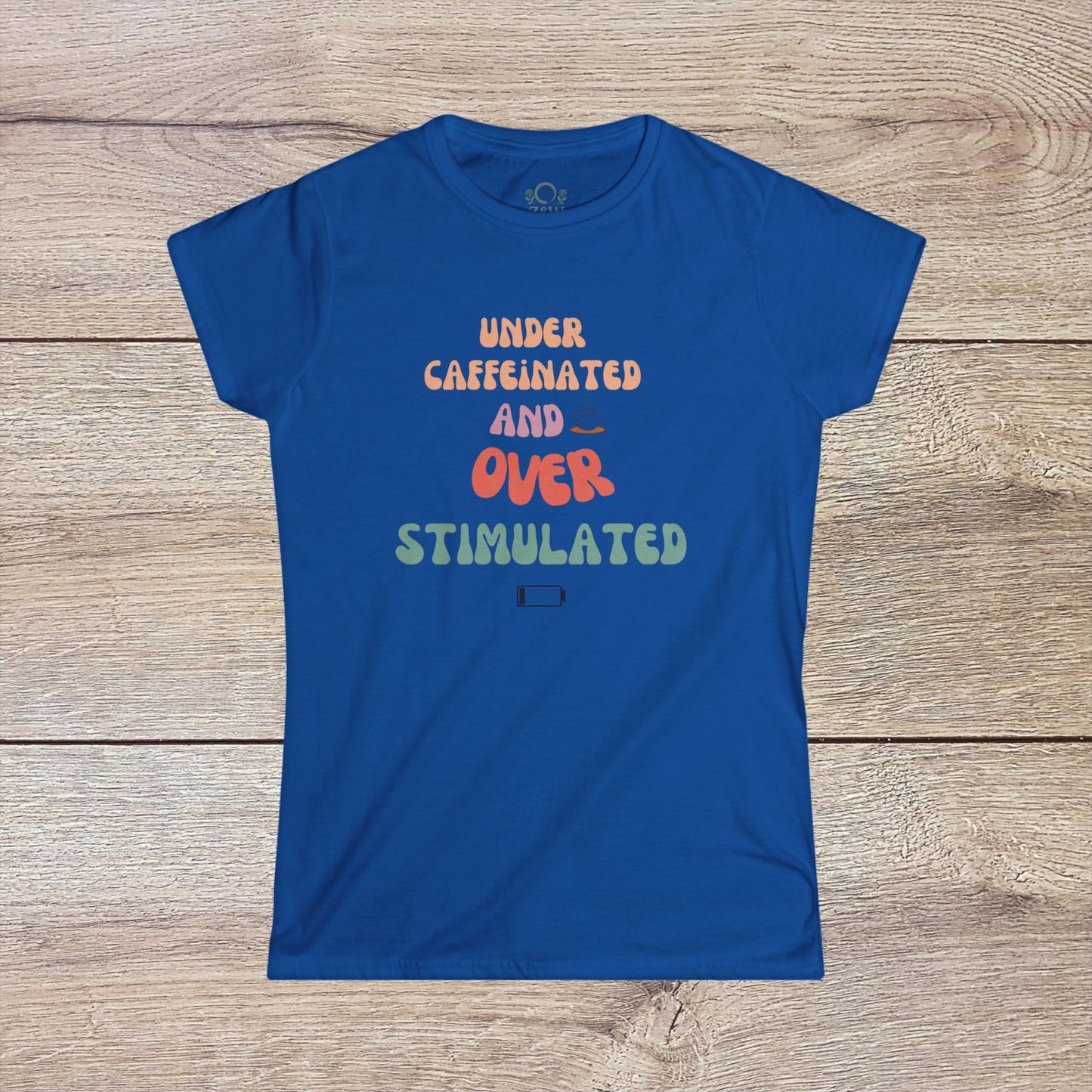 Under-Caffeinated Over-Stimulated Hoodie in bold blue color featuring fun typography, designed with a roomy kangaroo pouch and adjustable hood for the perfect fit.