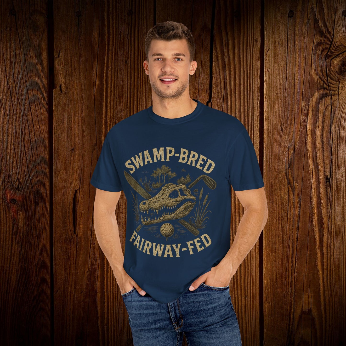 Model wearing the Unisex Swamp-Bred Fairway-Fed Tee, showcasing its comfortable fit and stylish design, perfect for outdoor activities.
