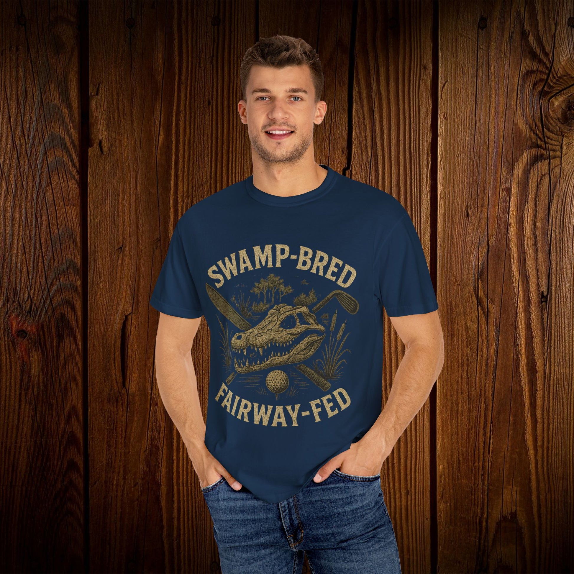 Model wearing the Unisex Swamp-Bred Fairway-Fed Tee, showcasing its comfortable fit and stylish design, perfect for outdoor activities.
