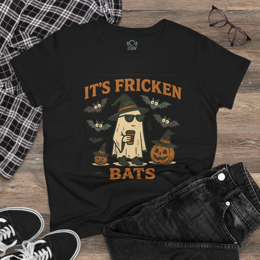 Halloween Unisex T-Shirt featuring a fun graphic saying 'It's Fricken Bats' with a ghost and Halloween-themed design, perfect for trick-or-treating made from 100% cotton.