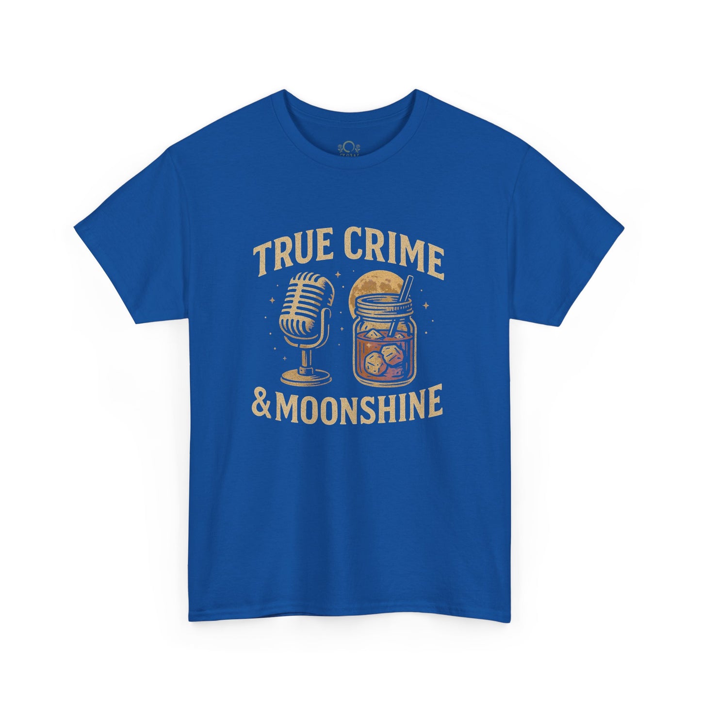 Front view of the True Crime & Moonshine Unisex Graphic Tee in blue, displaying an eye-catching graphic of a microphone and moonshine jar, ideal for true crime enthusiasts.