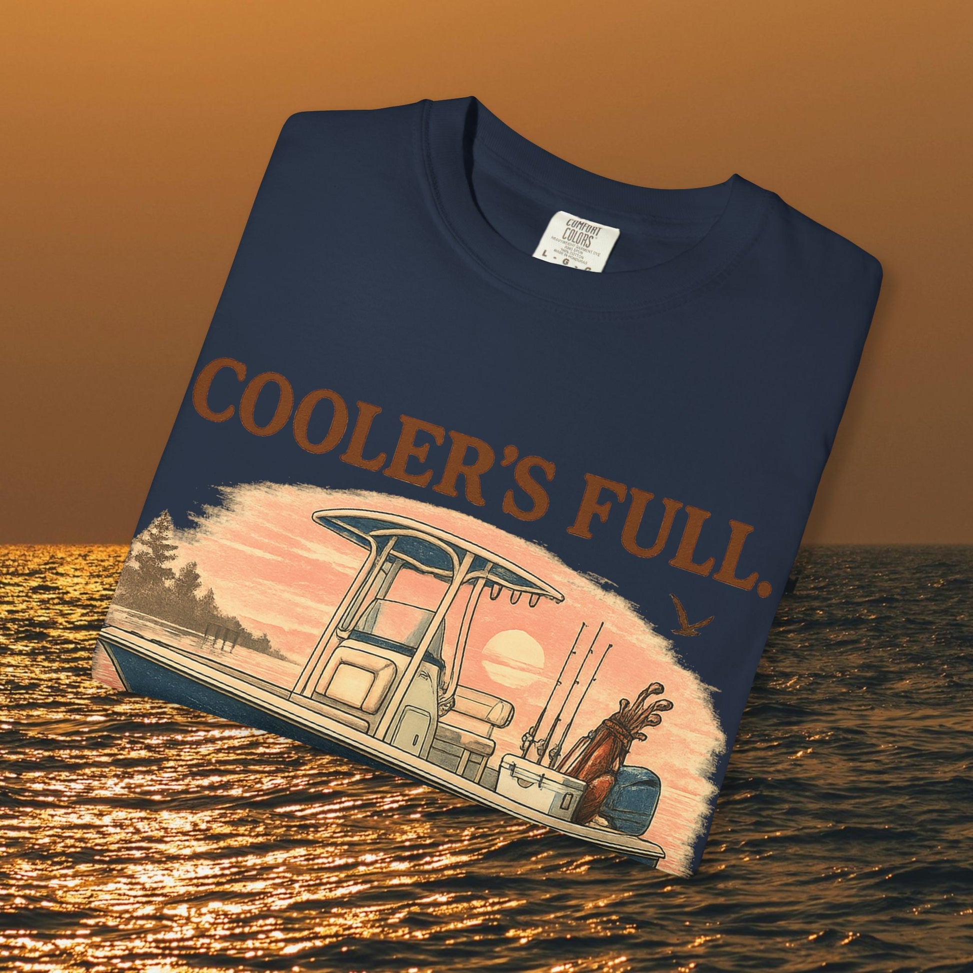 Men's & Women's Durable Cotton Full Tee - Soft, Seamless, displayed with a design that reads 'COOLER'S FULL' against a sunset backdrop, available in sizes S to 4XL.