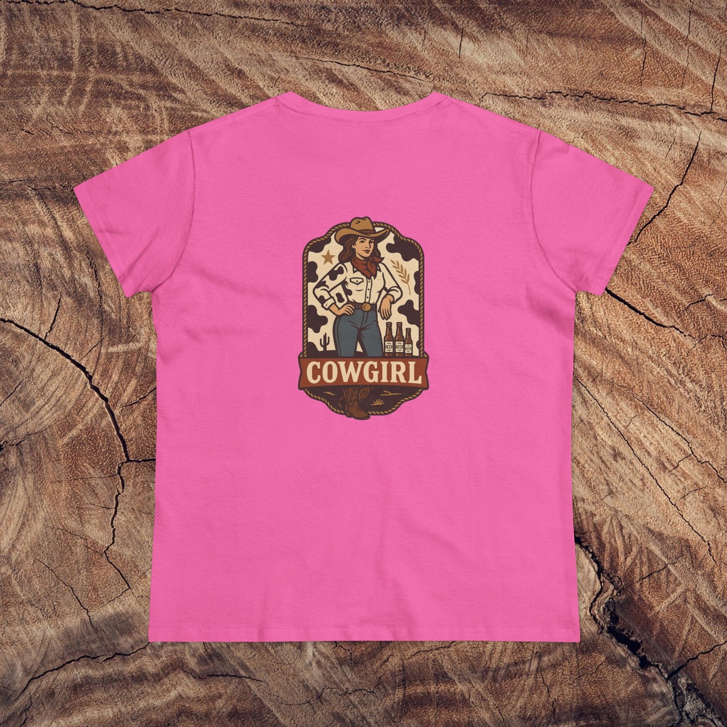 Country Roots Cowgirl Tee in vibrant pink with a stylish cowboy girl graphic on the back, made from 100% cotton, perfect for casual wear.