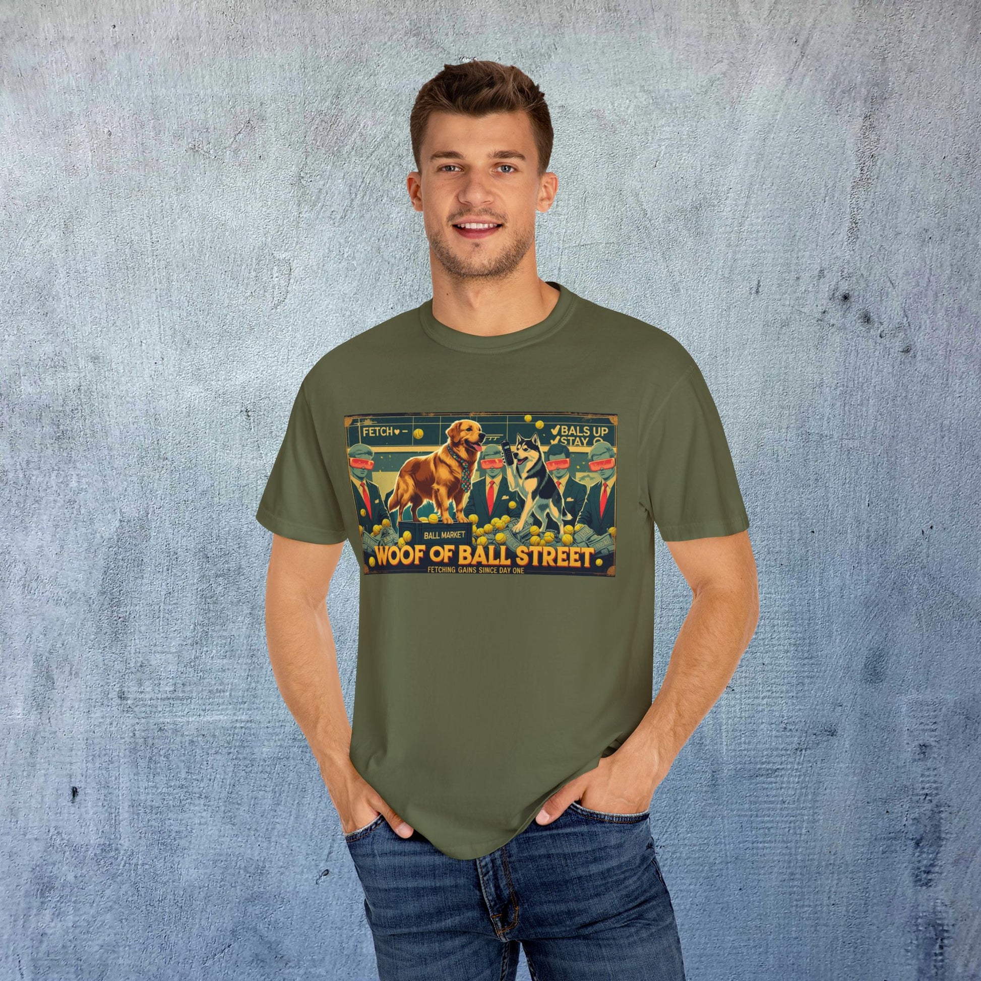 Model wearing the Sleek Woof of Ball Street T-Shirt in olive green, showcasing its unique design and comfort.