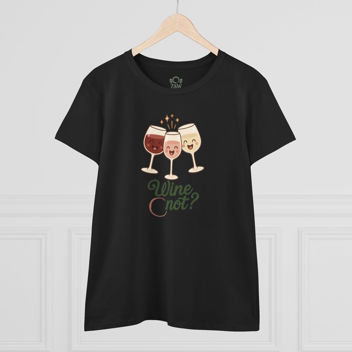 Front view of the 'Wine Not Tee' showcasing a fun graphic with three happy wine glasses, perfect for wine lovers, ethically produced from 100% ring-spun cotton.
