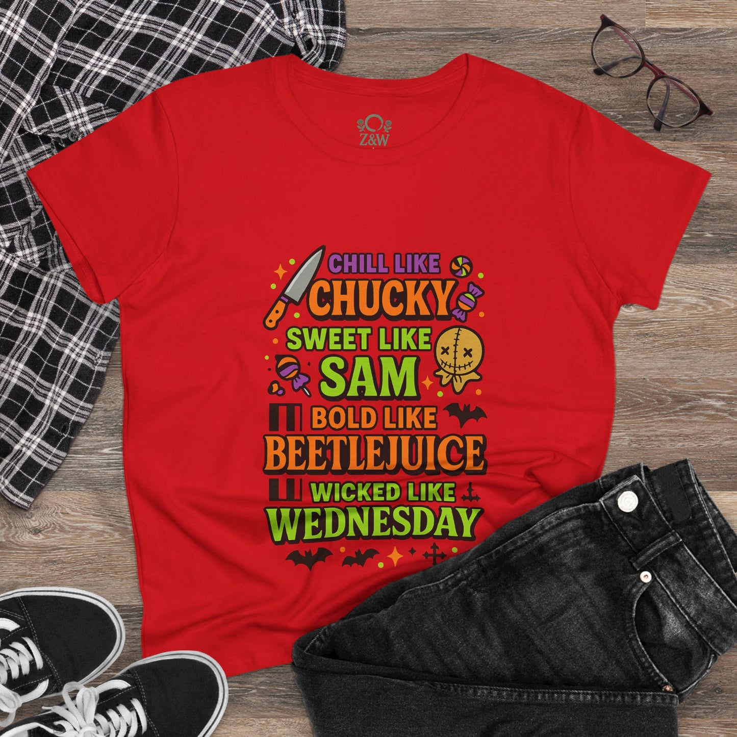 Spooktacular Horror Tee: Chill Like Chucky, Sweet Like Sam, Beetlejuice, Wednesday Addams, Halloween Shirt, Horror Fan Gift