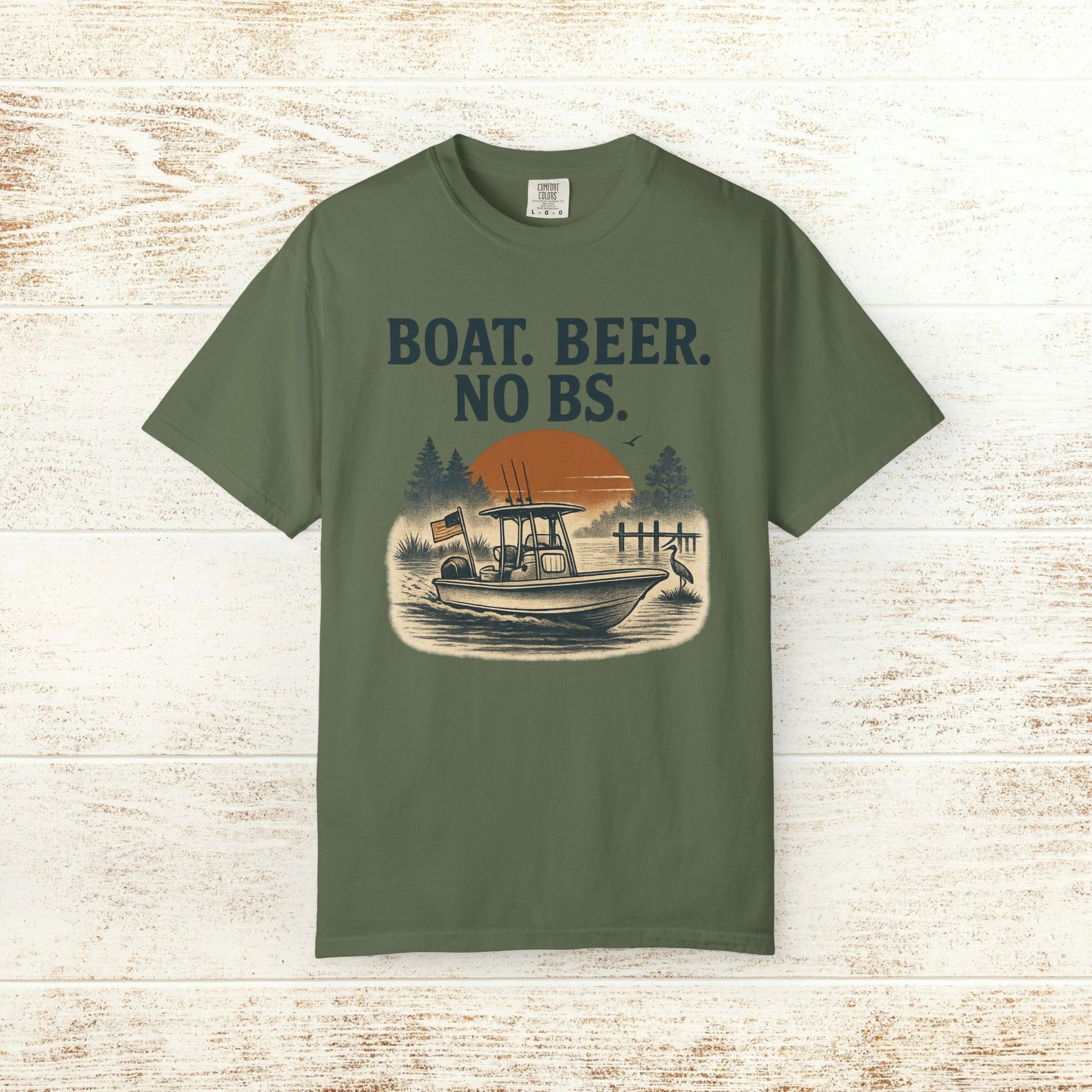 Boat Beer No BS Tee featuring a boat silhouette and sunset design, perfect for outdoor enthusiasts.