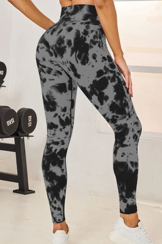 Slightly Stretchy Tie-Dye High Waist Active Leggings in black and gray, perfect for workouts and casual wear.