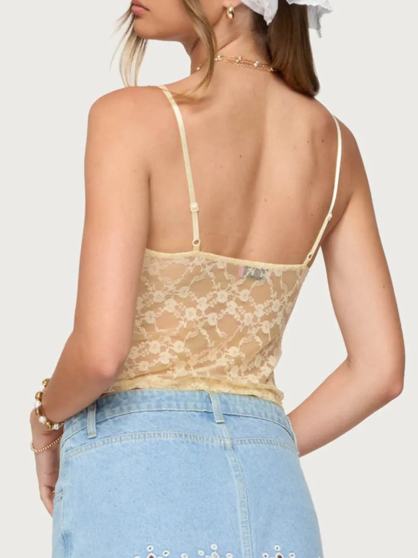 Trendsi Adjustable Lace Cami Top - Sheer Design, Stretchy Fit, Elegant Layering Essential, highlighting the back view in light tan with adjustable straps and floral lace design.
