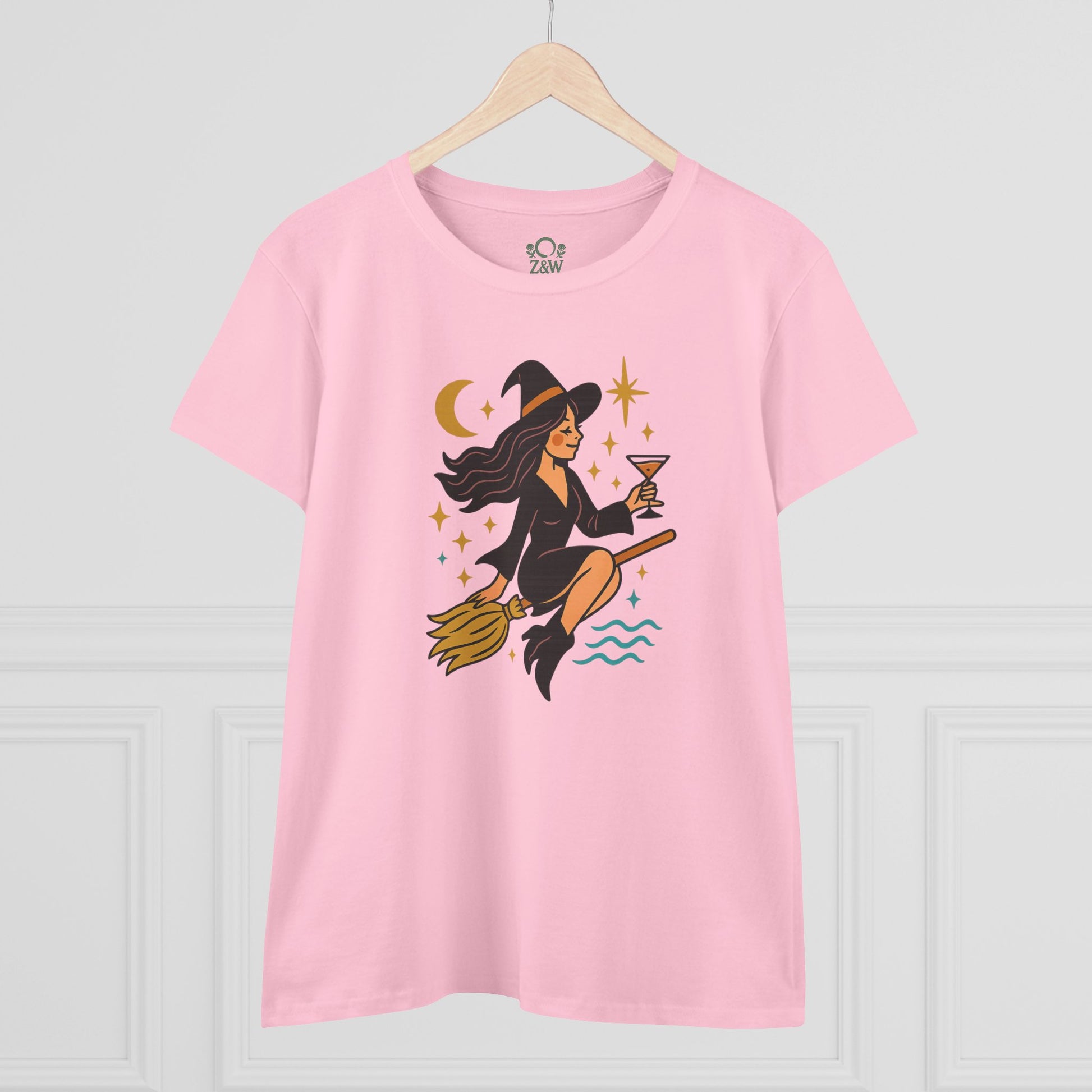 Front view of the Witchy Night Out Tee in pink, featuring a whimsical witch design, combining style with sustainability.