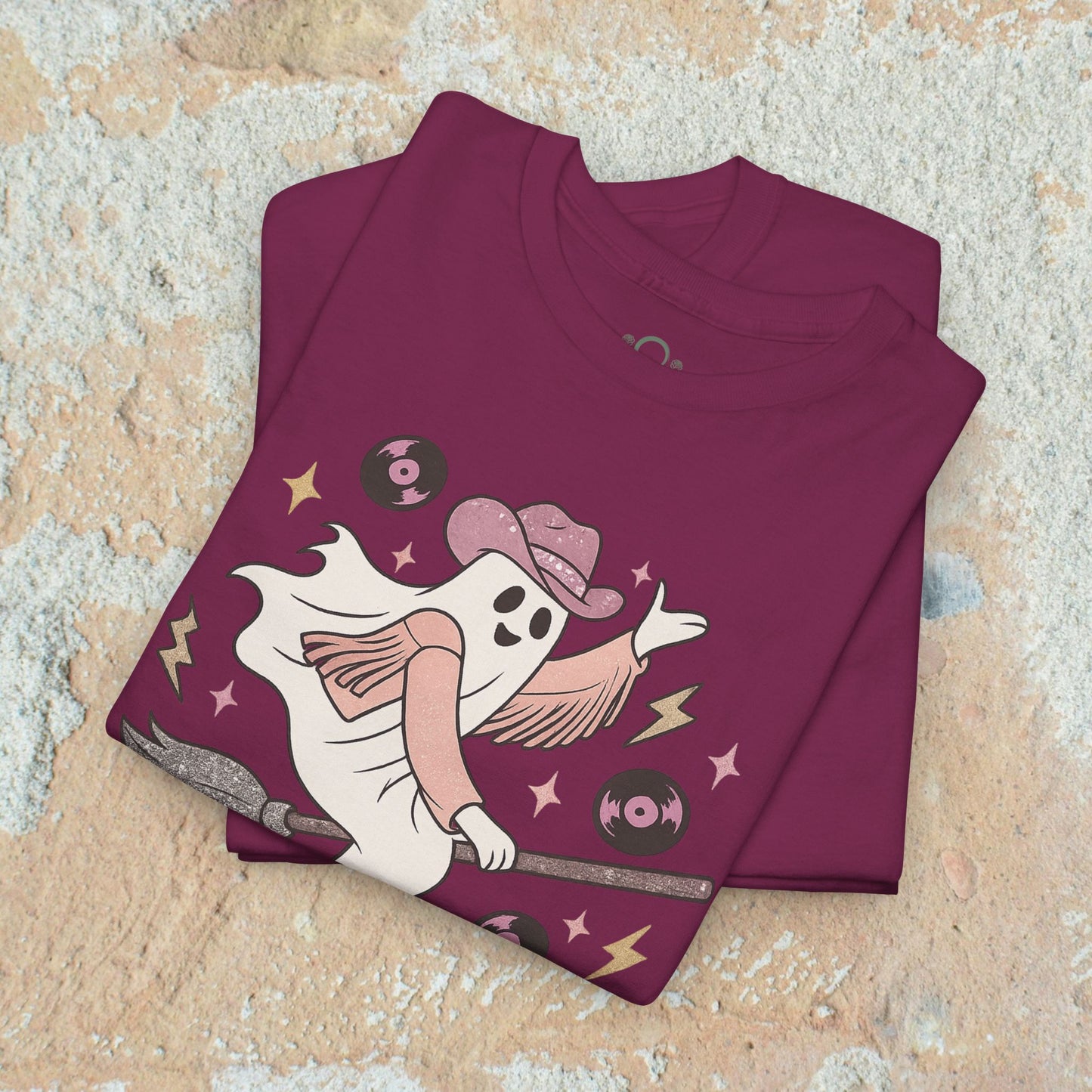 Spooky Cowgirl Graphic Tee in burgundy stacked design, featuring a ghost in a cowboy hat ready for Halloween festivities, perfect for layering.