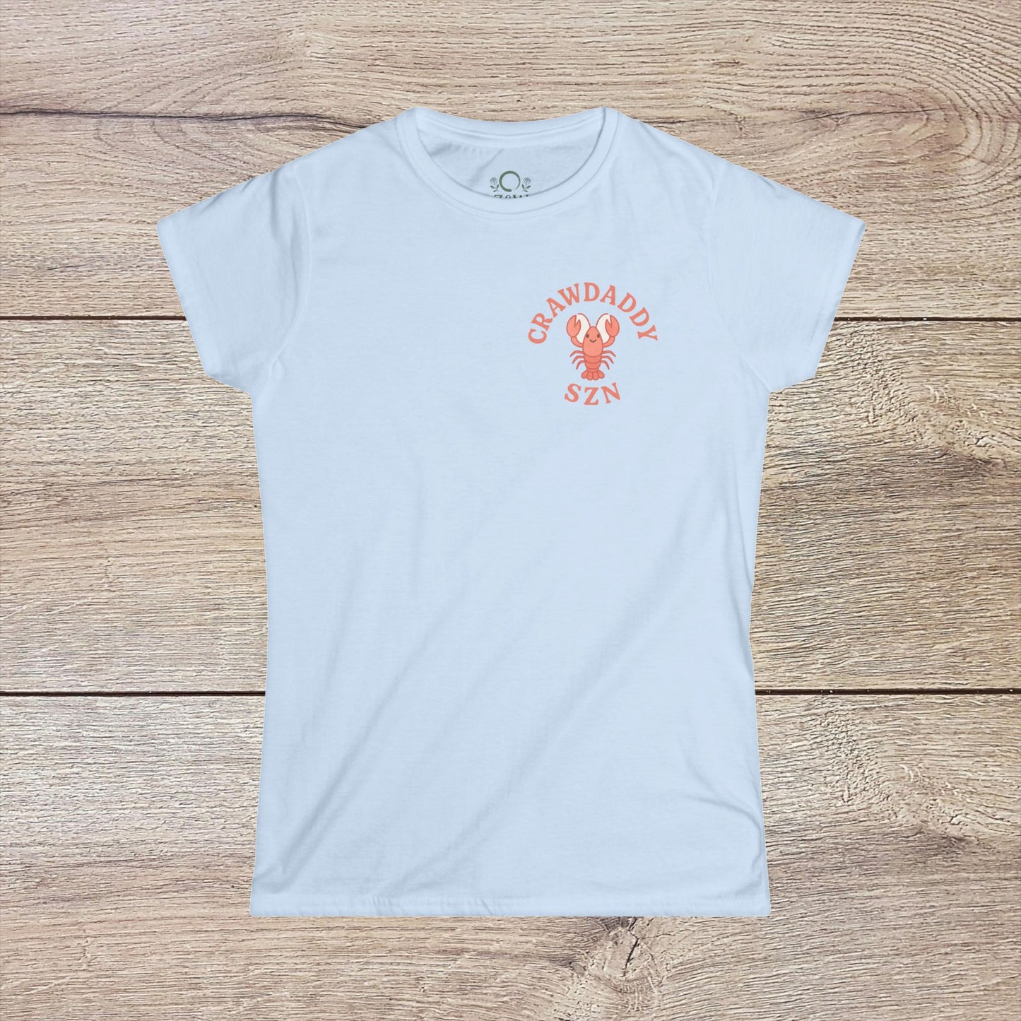 Crawfish Boil Shirt for Women in light blue, featuring 'CRAWDADDY SZN' text, perfect for summer festivals and NOLA celebrations. Comfortable and stylish design for seafood lovers.