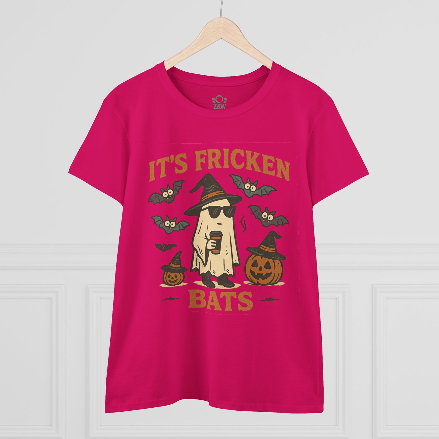 Front view of a fun graphic Halloween unisex t-shirt featuring the text 'It's Fricken Bats' with cartoon bats and a ghost, crafted from 100% cotton, perfect for trick-or-treating.