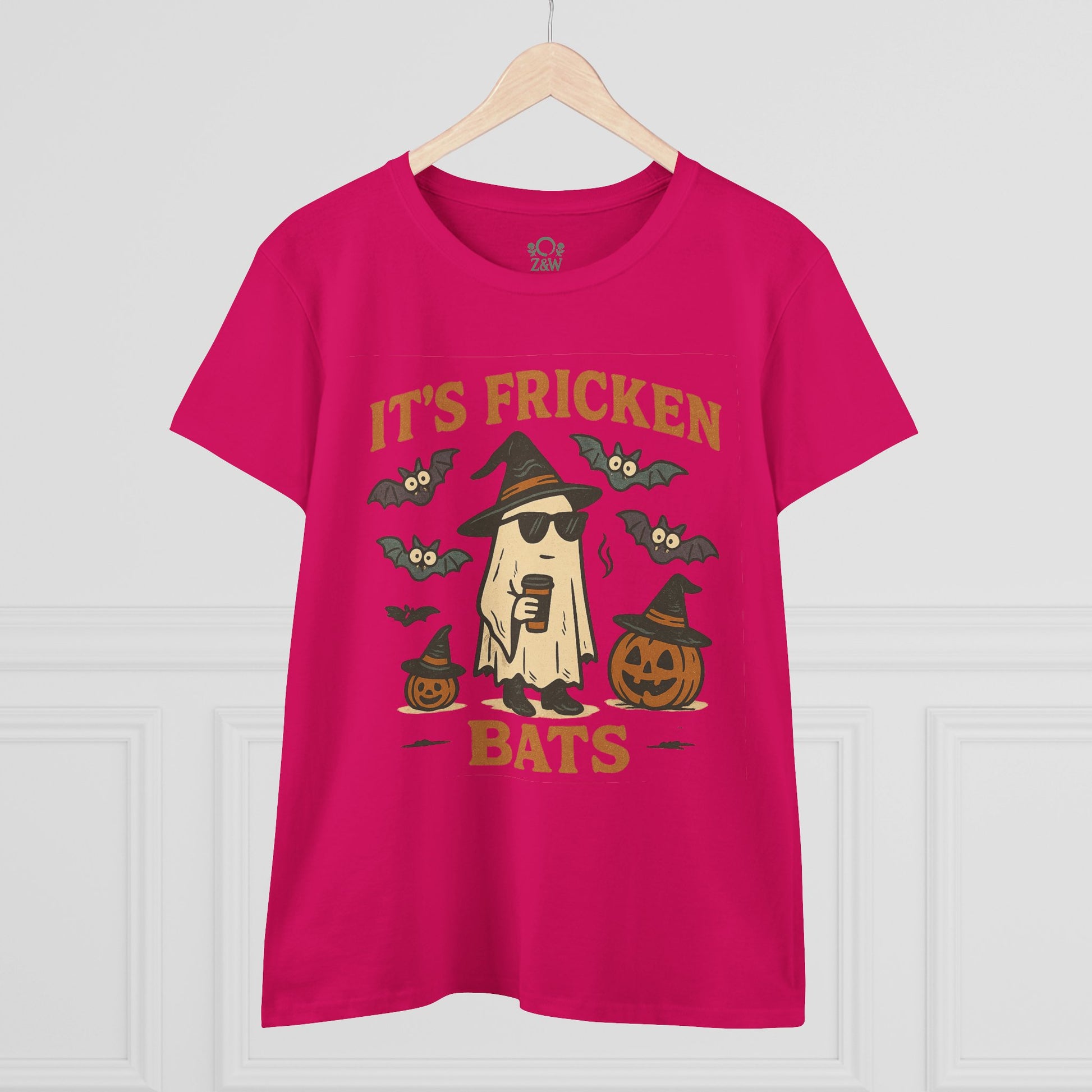 Front view of a fun graphic Halloween unisex t-shirt featuring the text 'It's Fricken Bats' with cartoon bats and a ghost, crafted from 100% cotton, perfect for trick-or-treating.