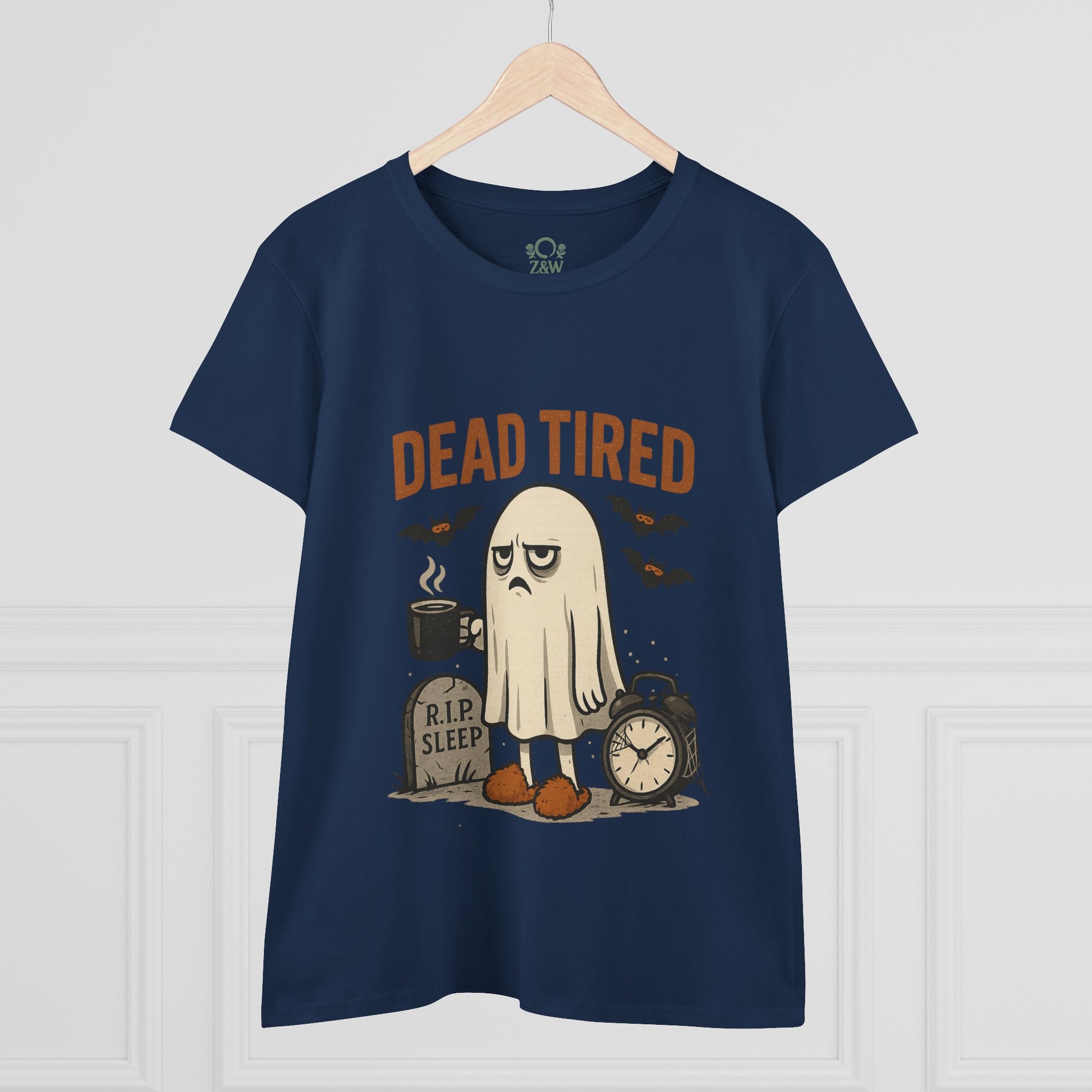 Cute Whimsical Ghost T-Shirt for Halloween featuring a tired ghost design with the phrase 'DEAD TIRED' on a navy background, great for lounging or festive gatherings.