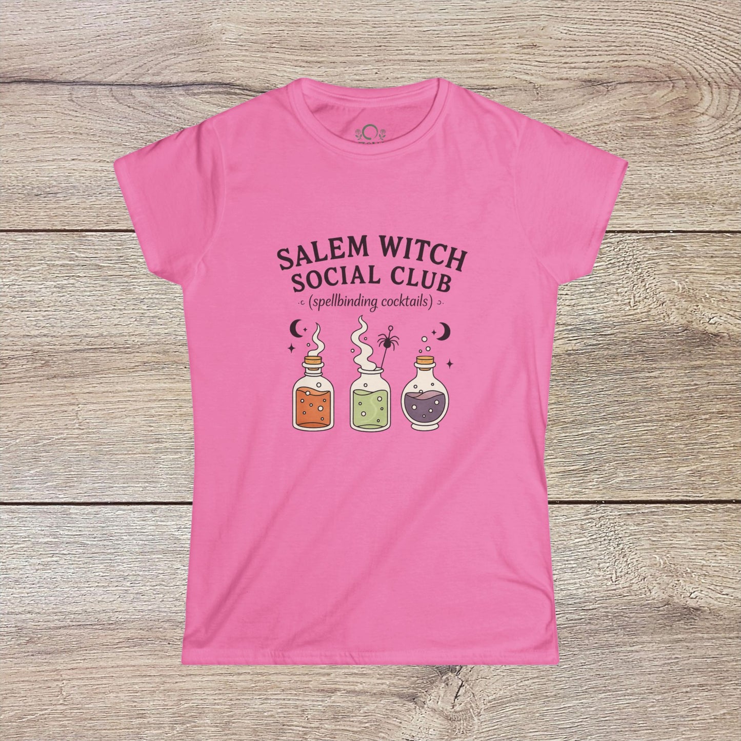 Salem Witch Social Club Graphic Tee in pink featuring whimsical potion bottle designs, made of 100% ring-spun cotton for lasting quality.
