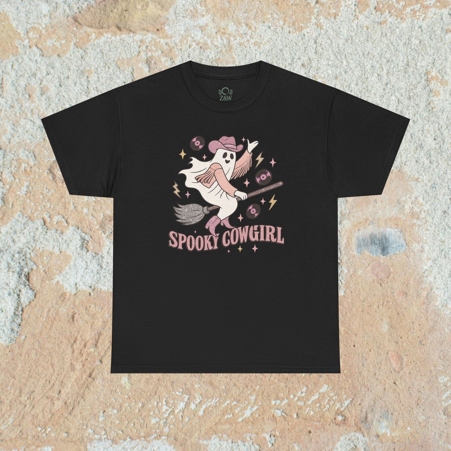 Black Spooky Cowgirl Graphic Tee designed with a charming ghost cowgirl theme, combining style and eco-friendliness.