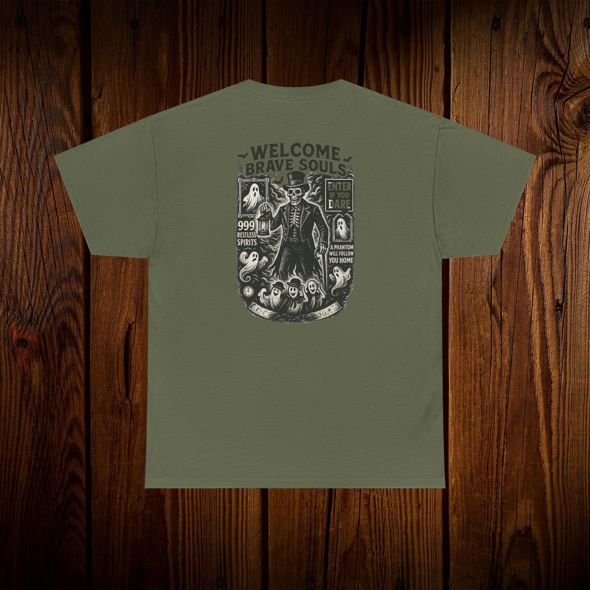 Spooky Halloween Graphic Tee - Unisex Cotton Shirt with a unique ghosts print on the back, featuring the text 'WELCOME BRAVE SOULS' on a green background for perfect casual wear.