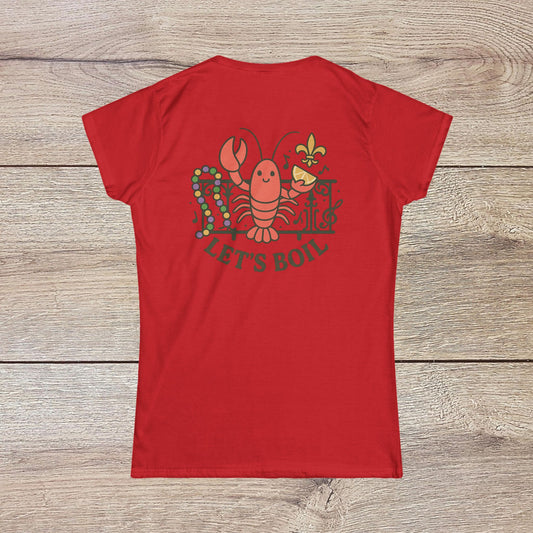 Crawfish Boil Shirt for Women featuring a playful lobster design and the phrase 'LET'S BOIL' on a vibrant red background, perfect for summer festivals and celebrations.