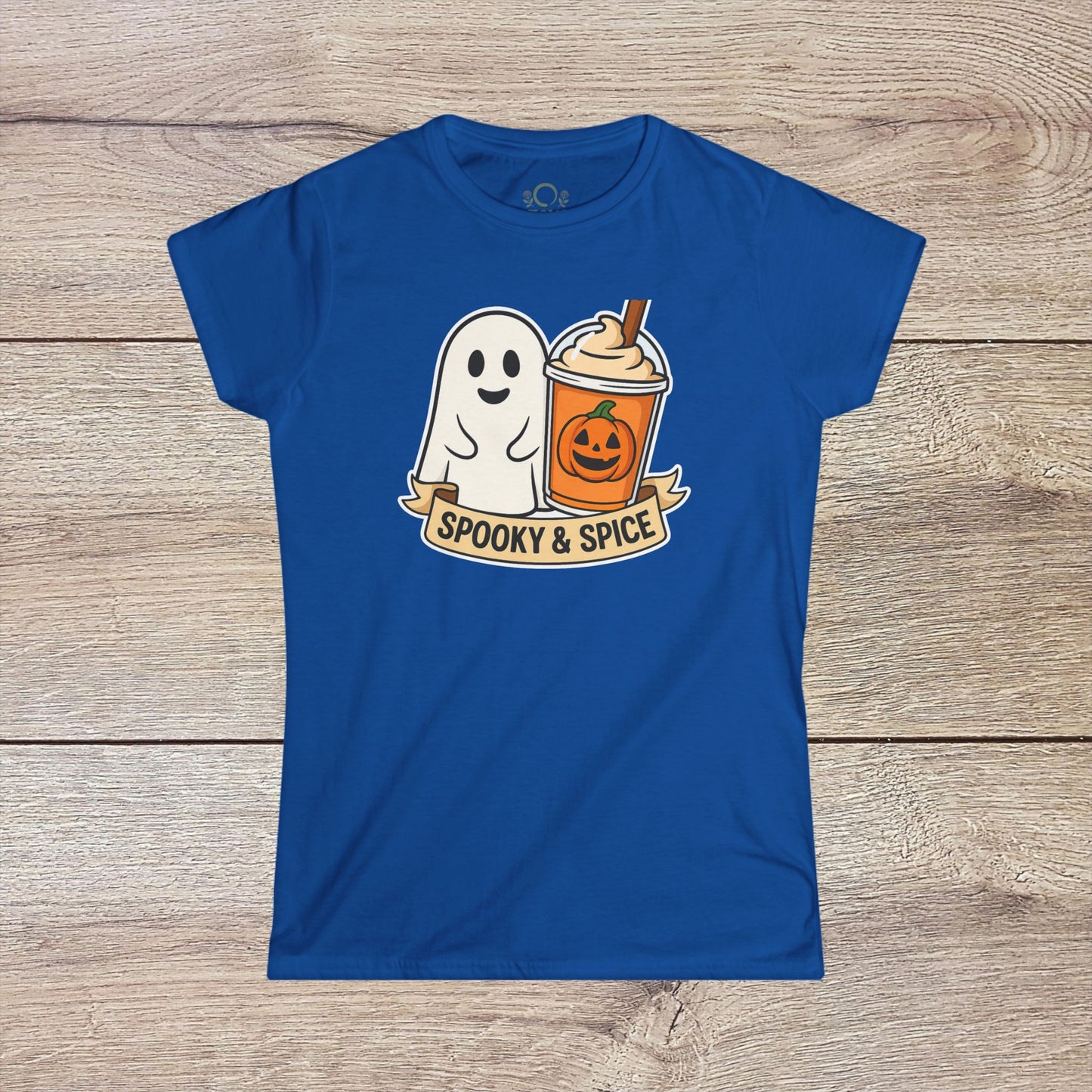 Spooky And Spice Ghost Graphic Tee in vibrant blue, featuring a charming ghost next to a pumpkin spice beverage, trendy for any season and Halloween celebrations.