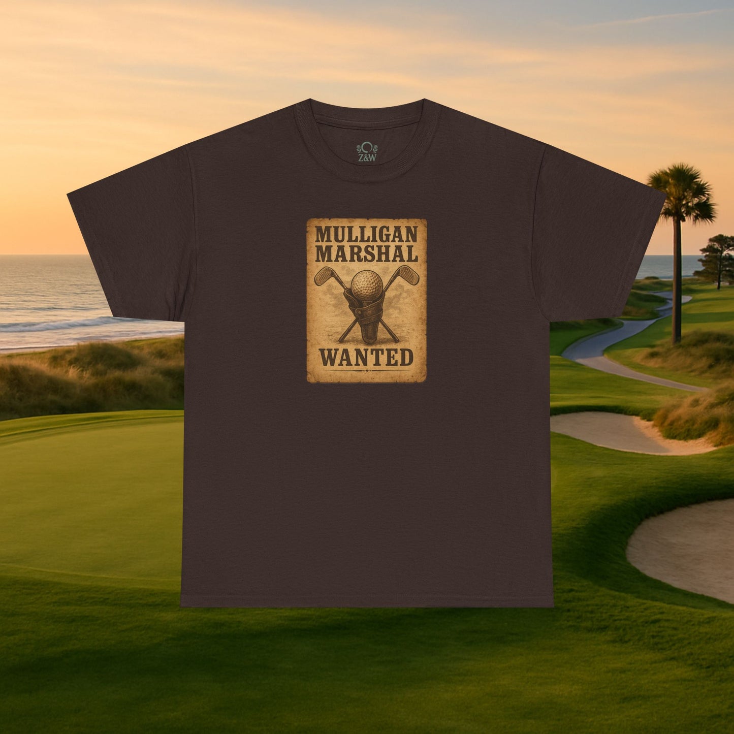 Funny Mulligan Marshal Wanted Golf Tee Shirt in rich dark brown, combining style and humor for golf lovers during the summer.