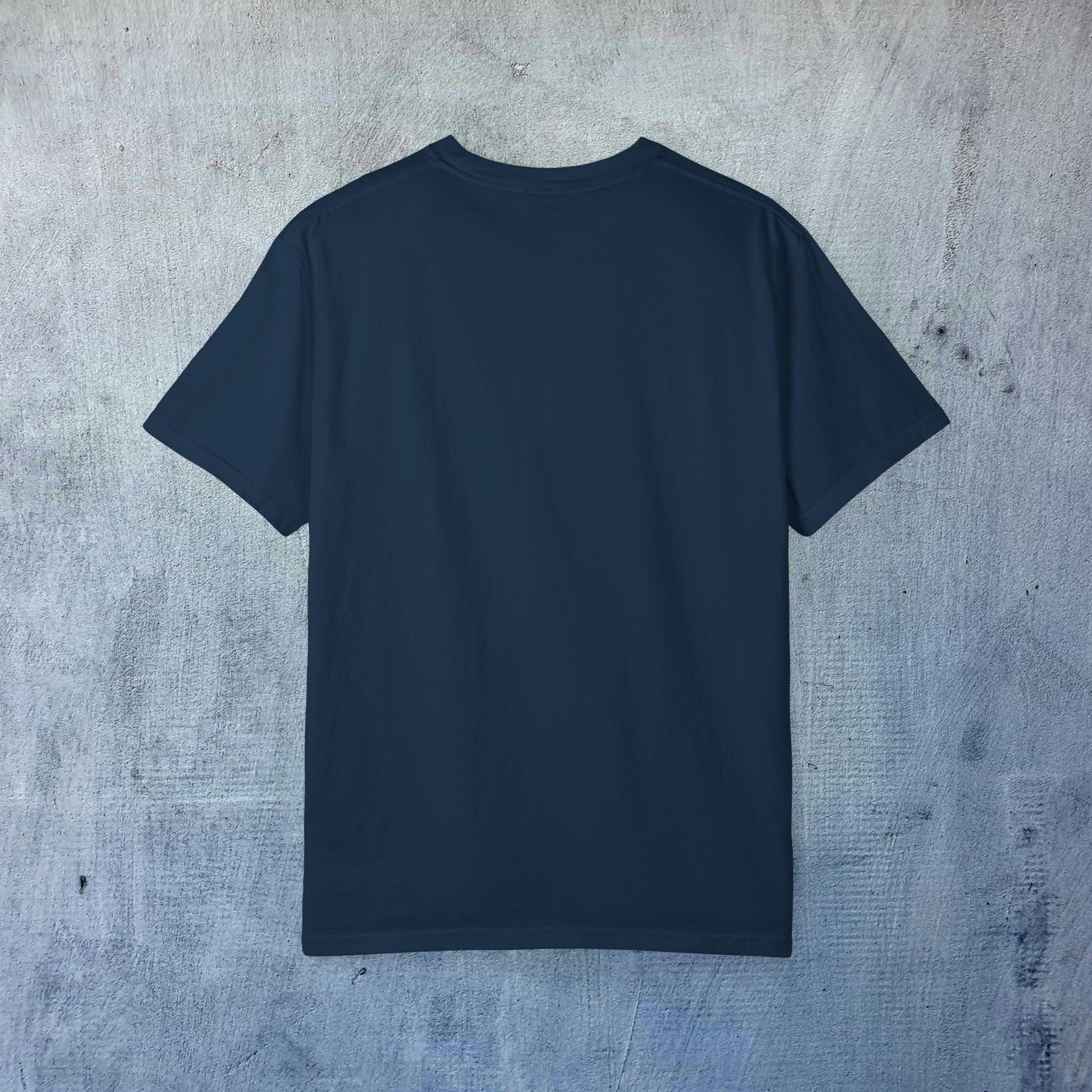 Back view of the Sleek Woof of Ball Street T-Shirt in navy, showcasing the minimalist design and quality fabric without side seams.