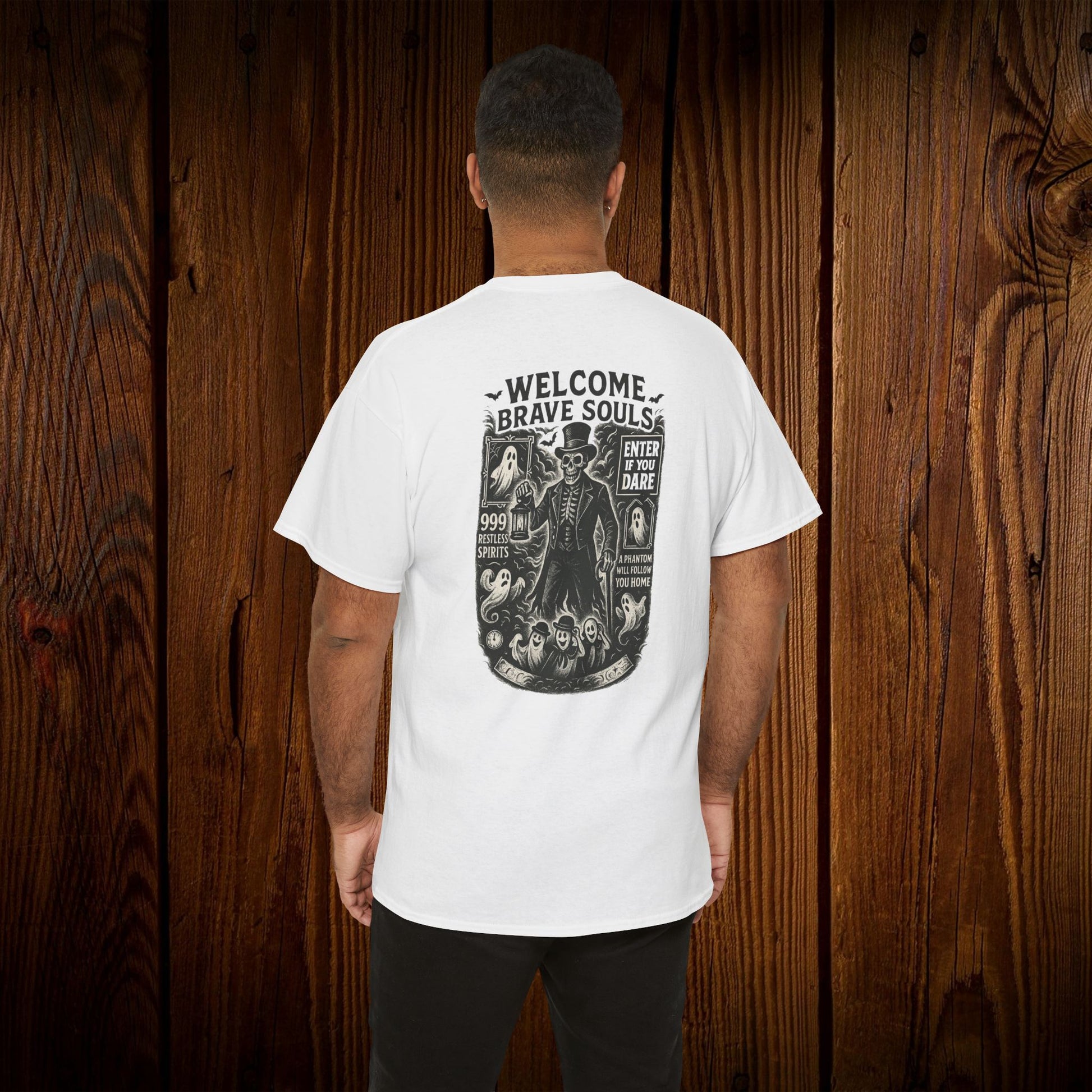 Spooky Halloween Graphic Tee - Unisex Cotton Shirt featuring a cool back design stating 'Welcome Brave Souls', great for casual Halloween festivities.