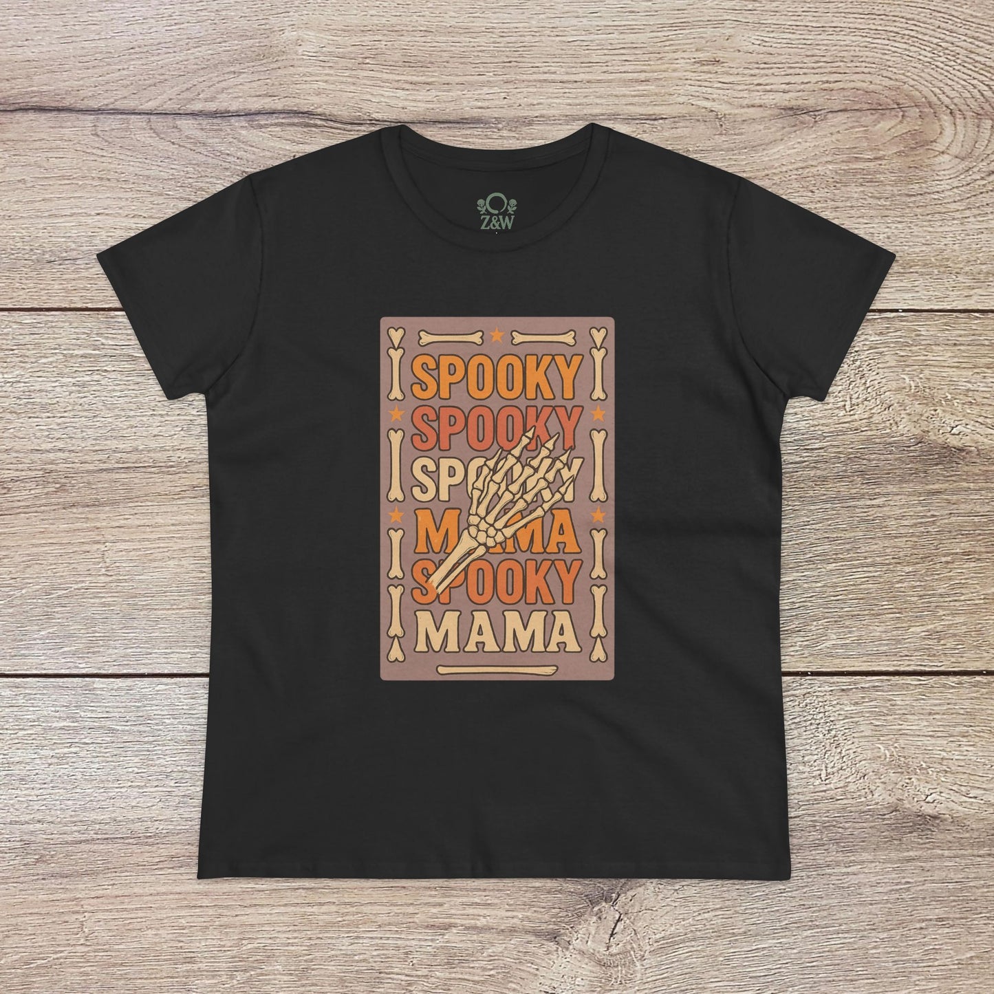 Spooky Mama Tee in black - Durable design crafted from soft cotton, featuring a spooky graphic with 'Spooky Mama'. A stylish choice for any occasion, especially Halloween.