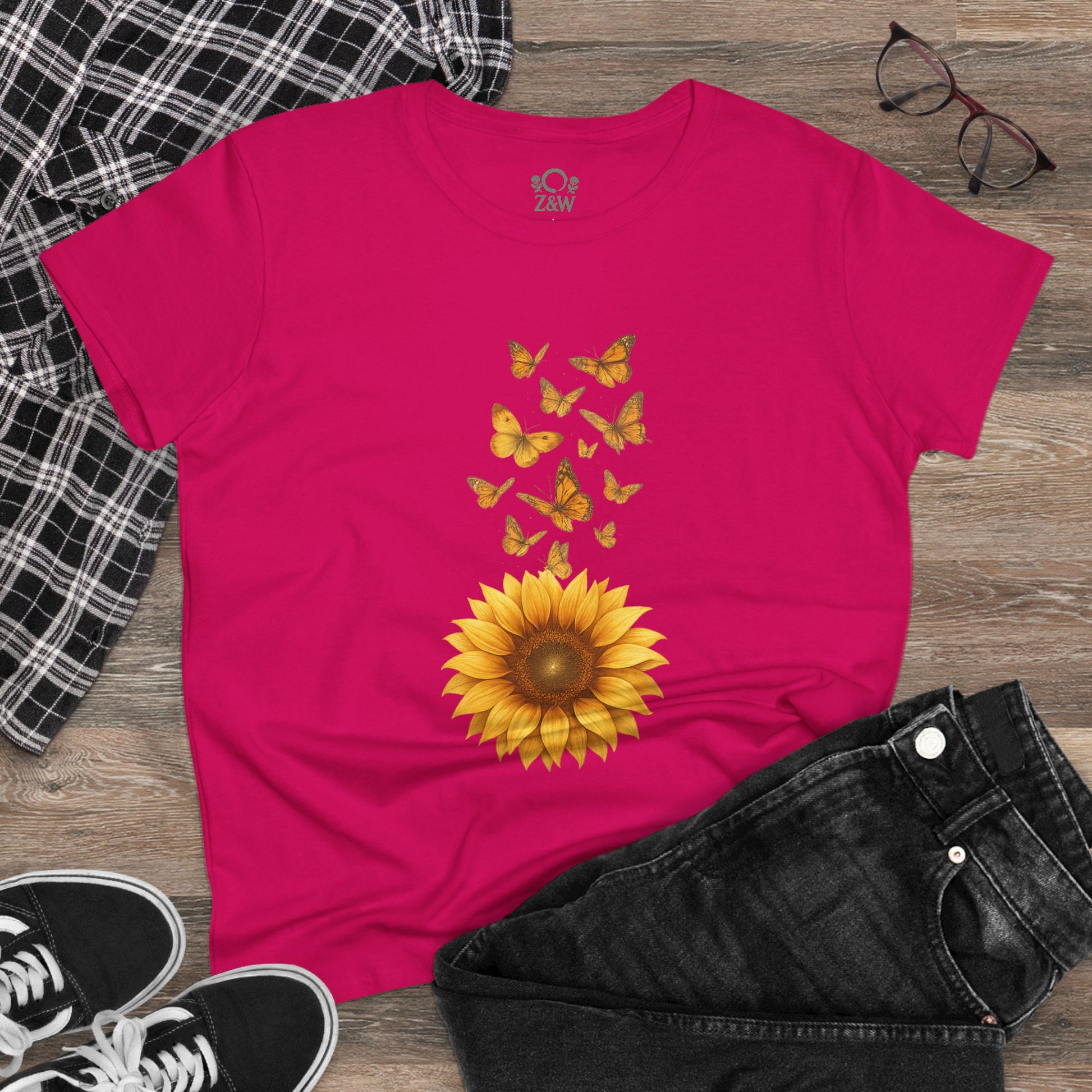 Sunflower & Butterflies Cotton Tee for Women - Bright pink short sleeve tee featuring a vibrant sunflower design surrounded by butterflies, made from 100% soft cotton for breathability and comfort.