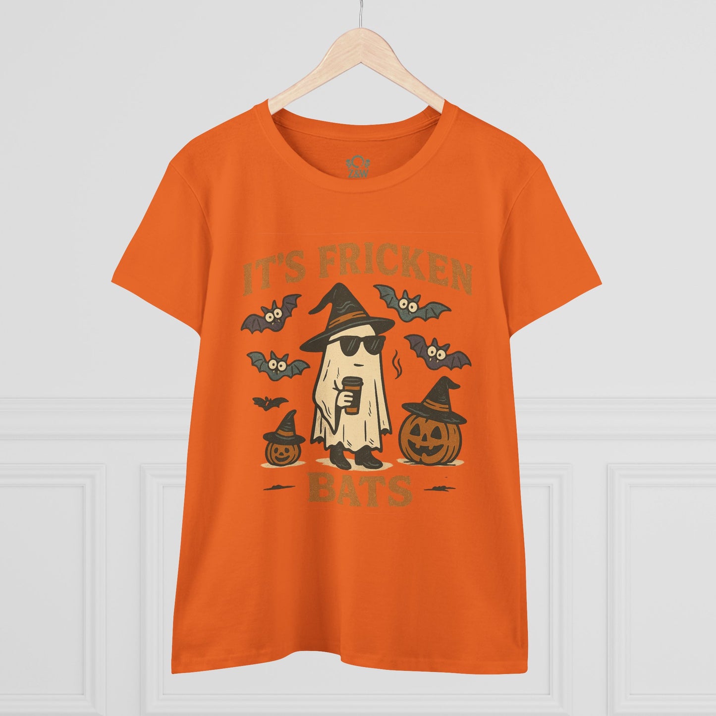 Front view of Halloween Unisex T-Shirt featuring a fun graphic design saying 'It's Fricken Bats', ideal for festive occasions.