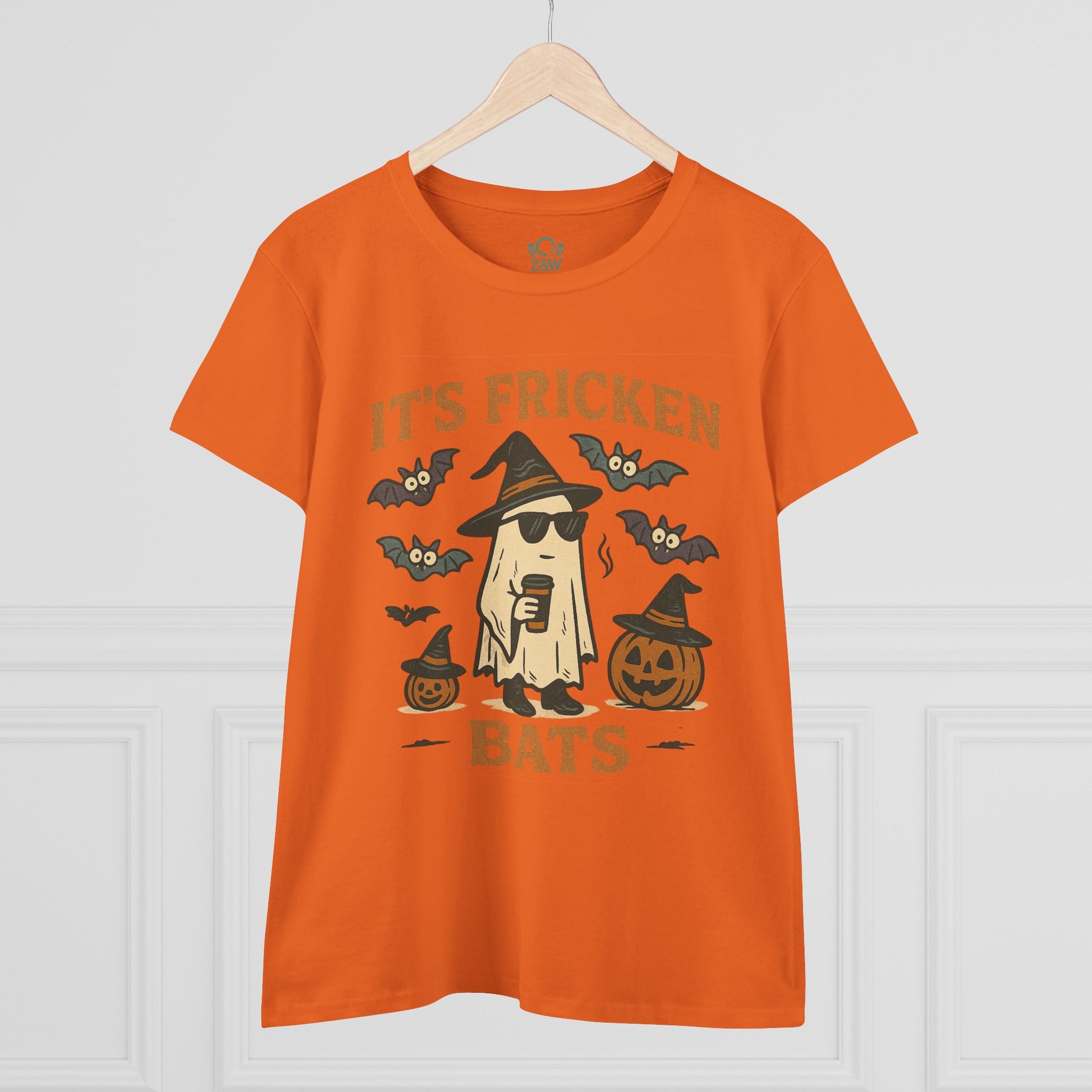 Front view of Halloween Unisex T-Shirt featuring a fun graphic design saying 'It's Fricken Bats', ideal for festive occasions.