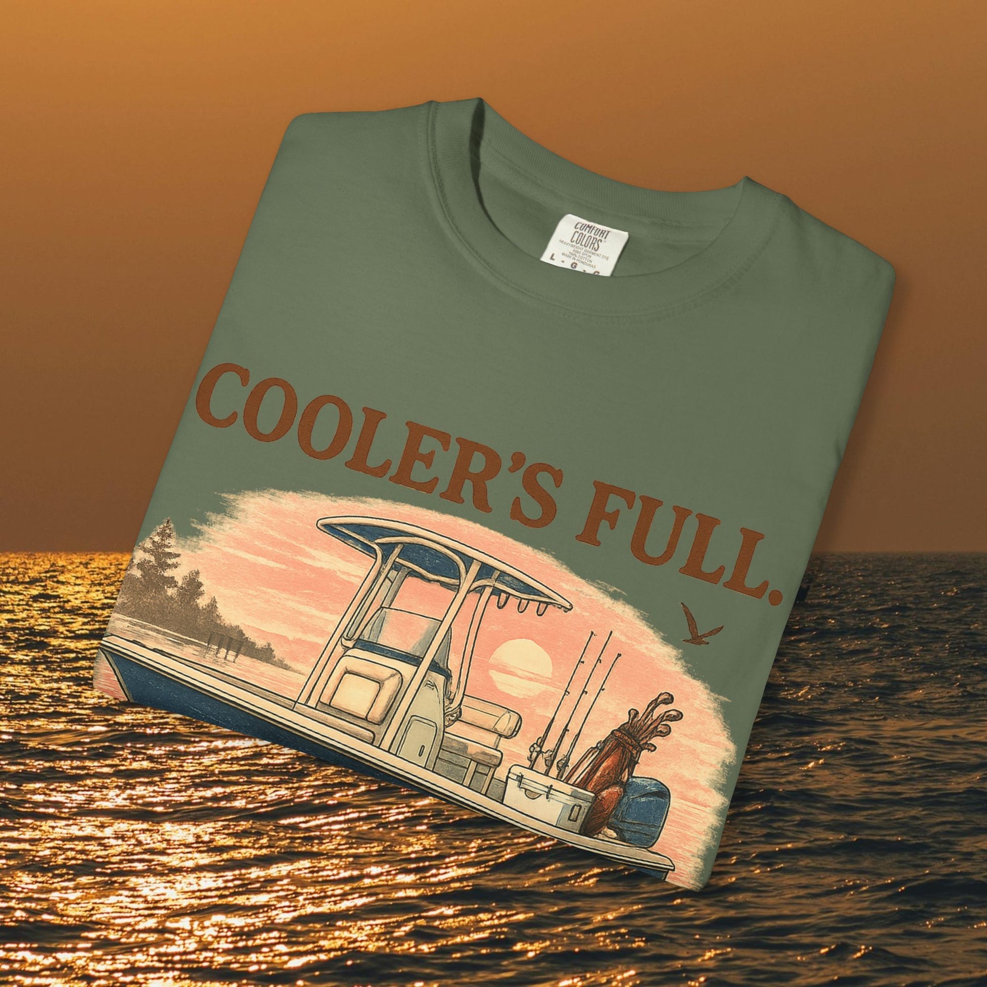 Men's & Women's Durable Cotton Full Tee in green showcasing a boat with fishing rods, featuring the text 'COOLER'S FULL.' Perfect for outdoor enthusiasts.