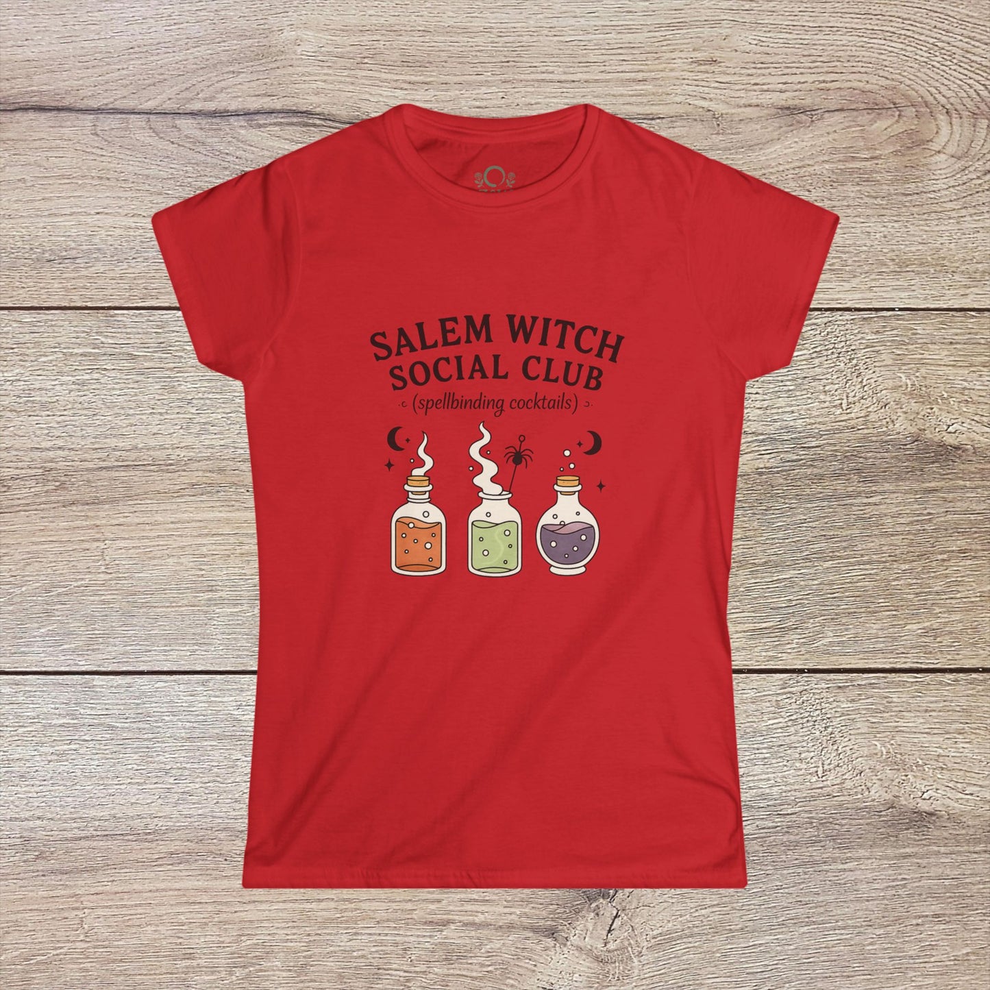 Salem Witch Social Club Graphic Tee in red with playful potion bottles, crafted for vibrancy and comfort in 100% ring-spun cotton.