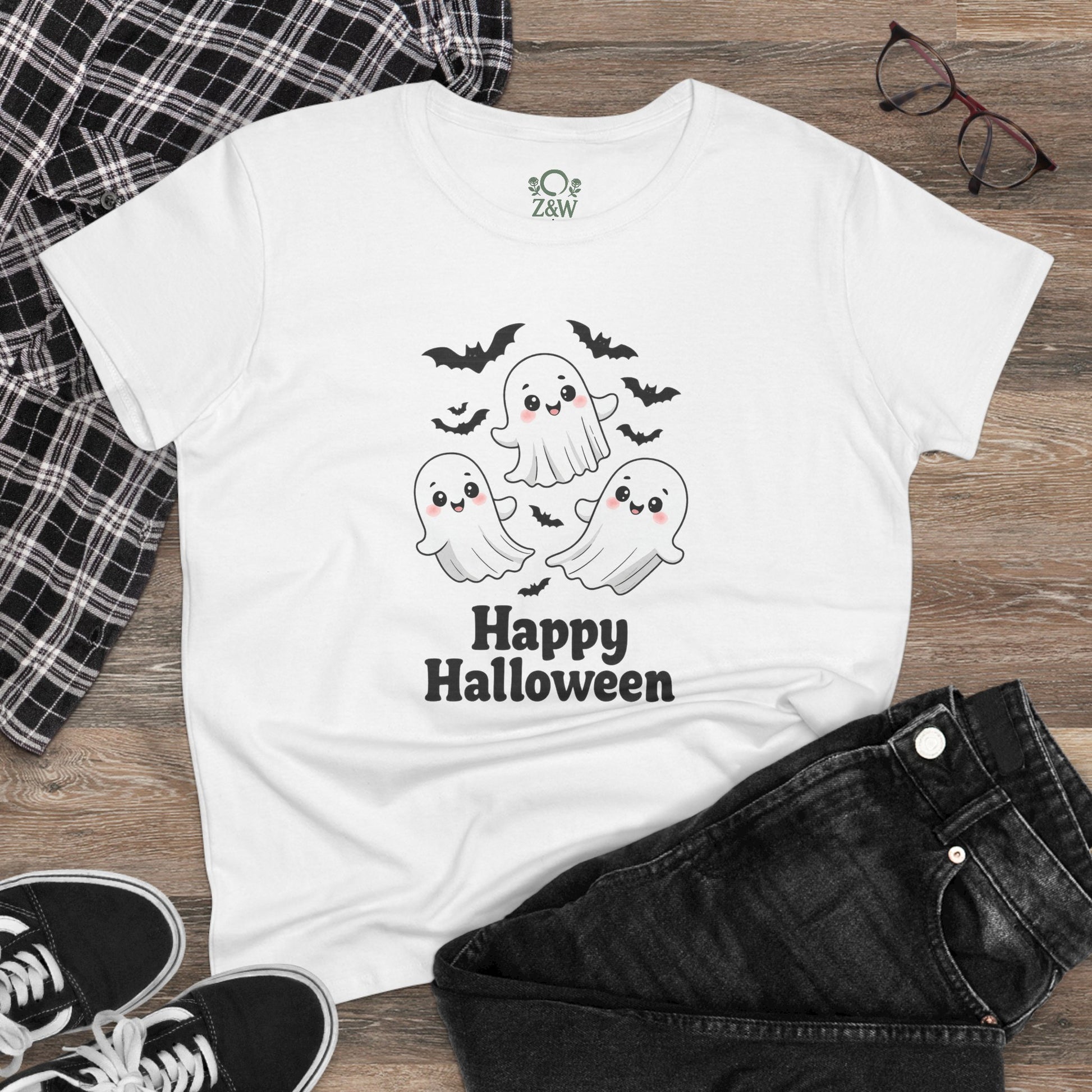 Cute Halloween Ghost T-Shirt for Kids & Adults, Unisex Spooky Tee styled with jeans and plaid shirt, showcasing playful ghost design, ideal for festive occasions.