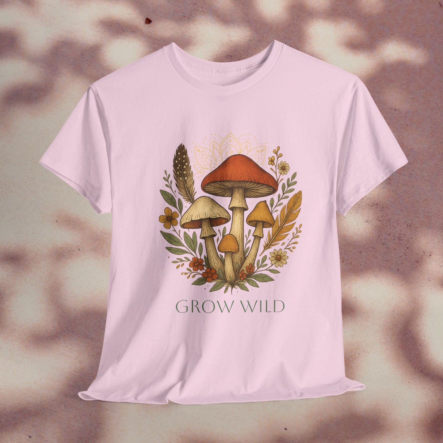Wild Mushroom Graphic Tee in Pink - Eco-Friendly Unisex Cotton Shirt for Nature Lovers, Adventure Apparel depicting artistic mushroom graphic and 'GROW WILD' slogan.