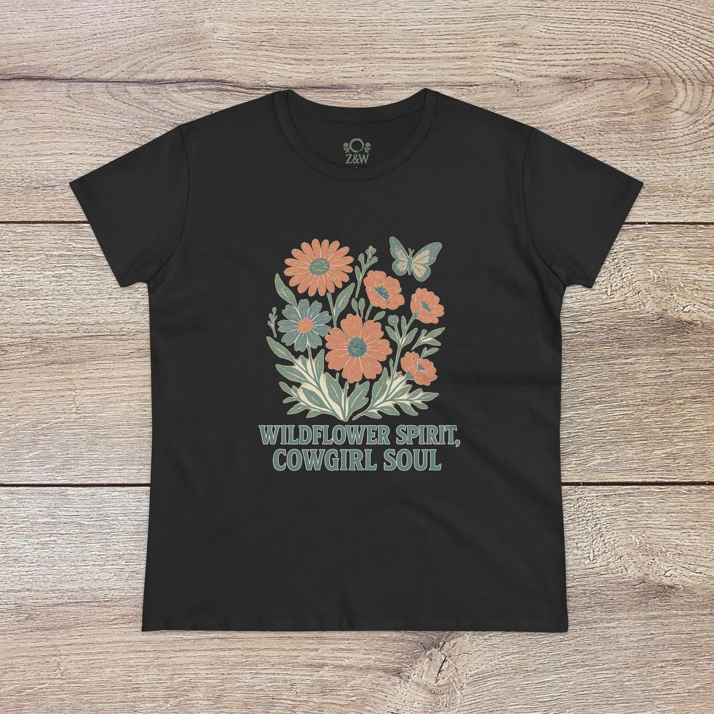 Wildflower Spirit Cotton Tee in black, featuring a floral design with the text 'WILDFLOWER SPIRIT, COWGIRL SOUL' - perfect for casual wear.