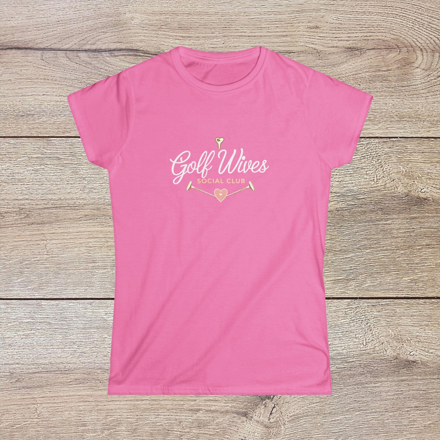 Golf Wives Social Club Tee in eye-catching pink, designed for golf lovers seeking style and comfort, made from ethically sourced cotton.