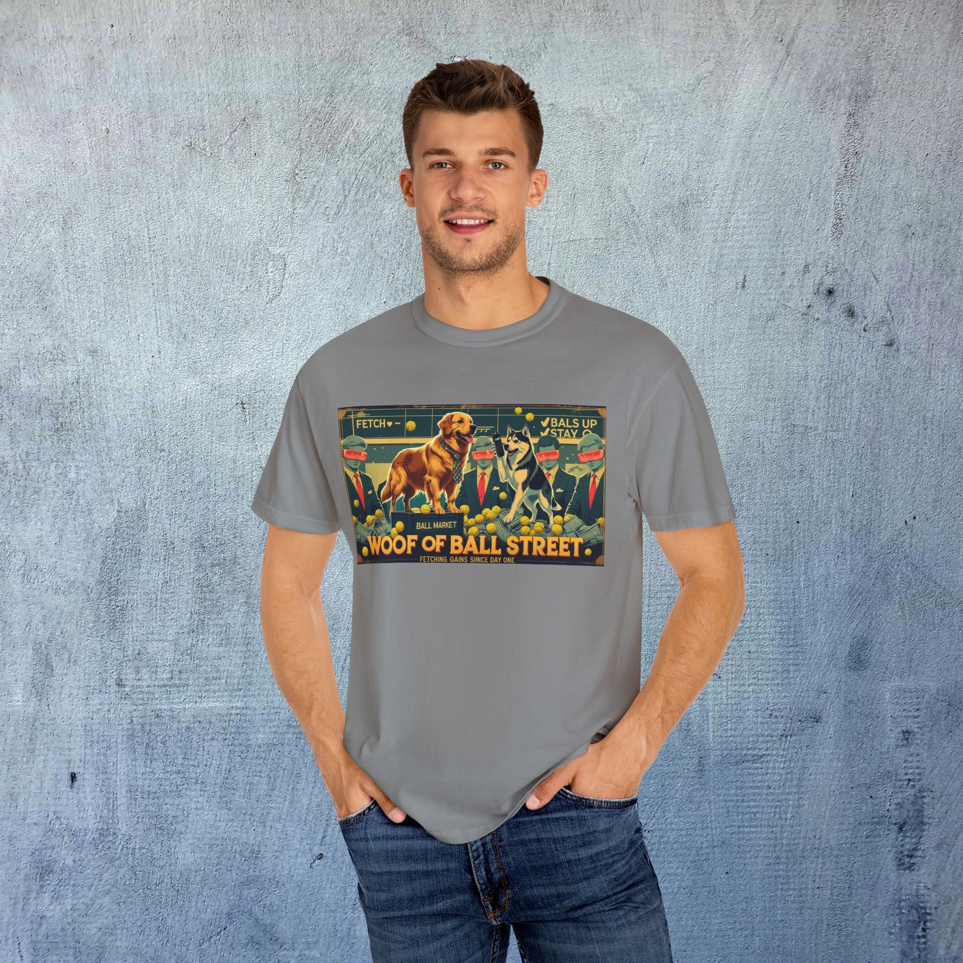 Model wearing the Sleek Woof of Ball Street T-Shirt in gray, displaying a fun dog market graphic, ideal for casual outings and showcasing comfort.