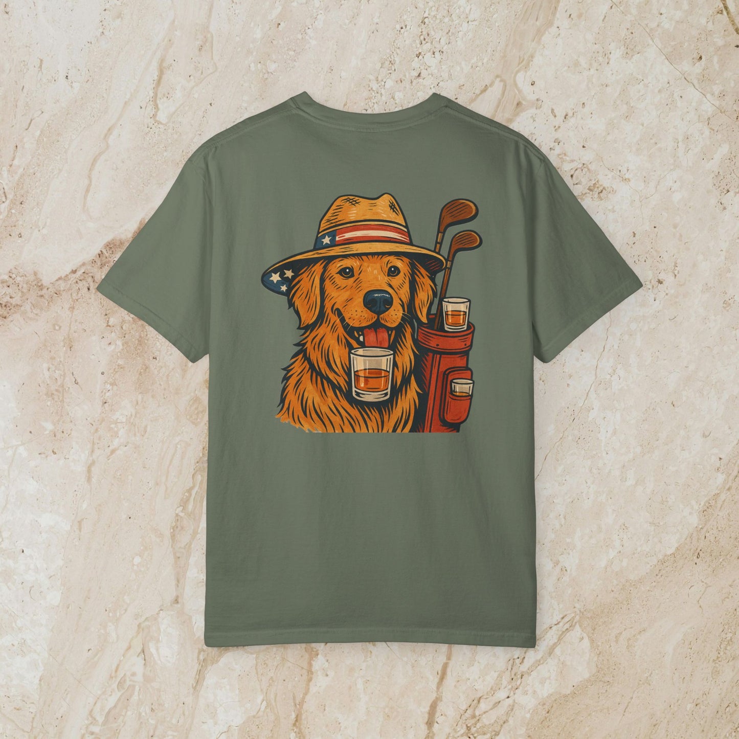 Golden Whiskey Dog Tee in olive green color illustrating a stylish golden retriever with a drink, representing a unique vintage fashion perfect for pet enthusiasts.