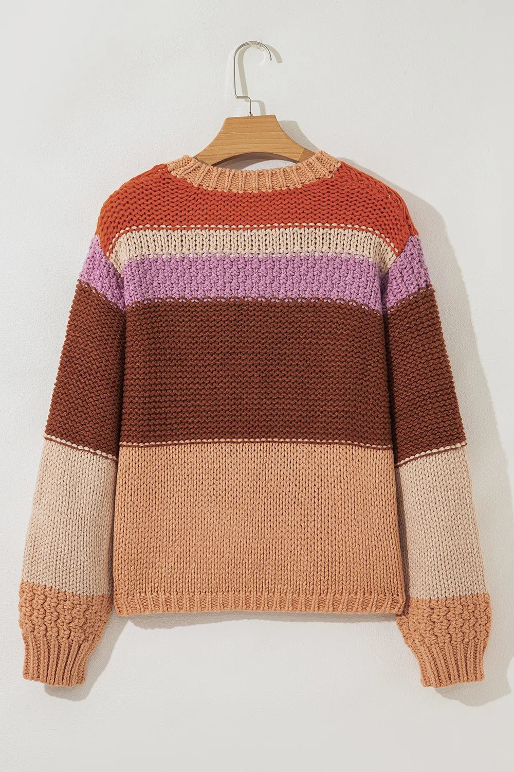 Stylish Colorblock Striped Sweater with Round Neck - Alternate view of the cozy striped sweater, highlighting the unique color combinations of brown, purple, and cream.