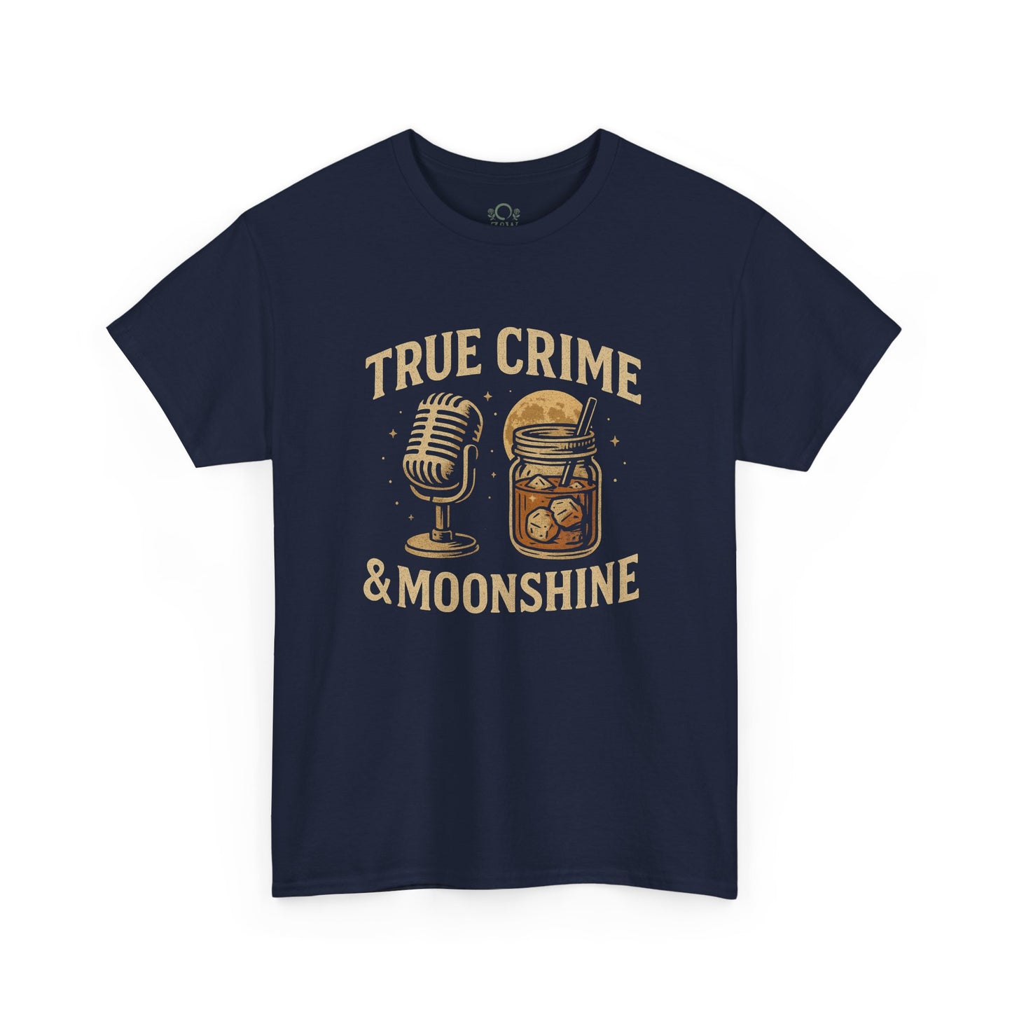 Close-up of the True Crime & Moonshine Unisex Graphic Tee in navy, featuring a playful design with a microphone and a jar, ideal for true crime aficionados.