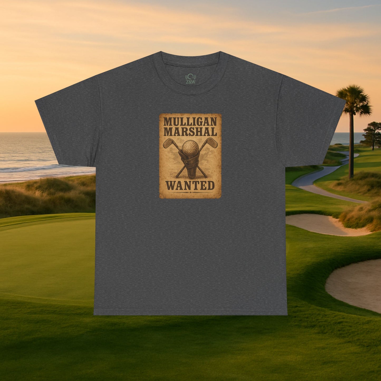 Funny Mulligan Marshal Wanted Golf Tee Shirt in dark gray, ideal casual wear for golf lovers looking to showcase their passion.