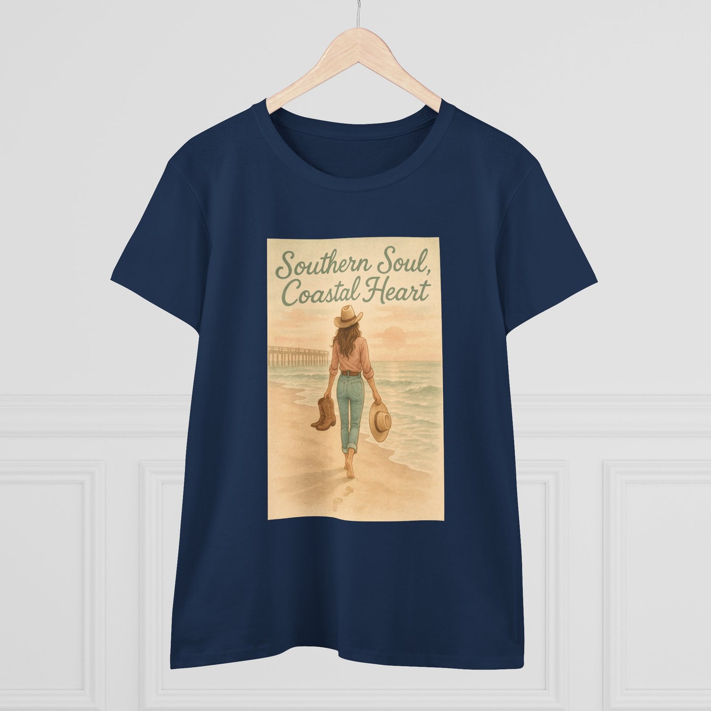 Southern Soul Coated Heart Tee displayed on a hanger, featuring a beautiful coastal graphic, representing comfort and style in a classic navy blue color for unisex sizes S-3XL.