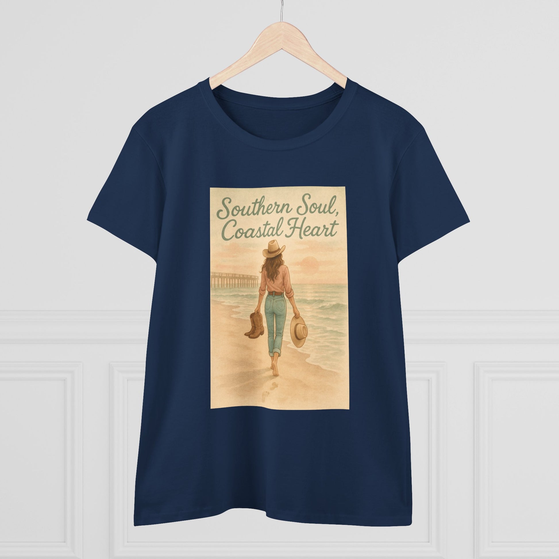 Southern Soul Coated Heart Tee displayed on a hanger, featuring a beautiful coastal graphic, representing comfort and style in a classic navy blue color for unisex sizes S-3XL.