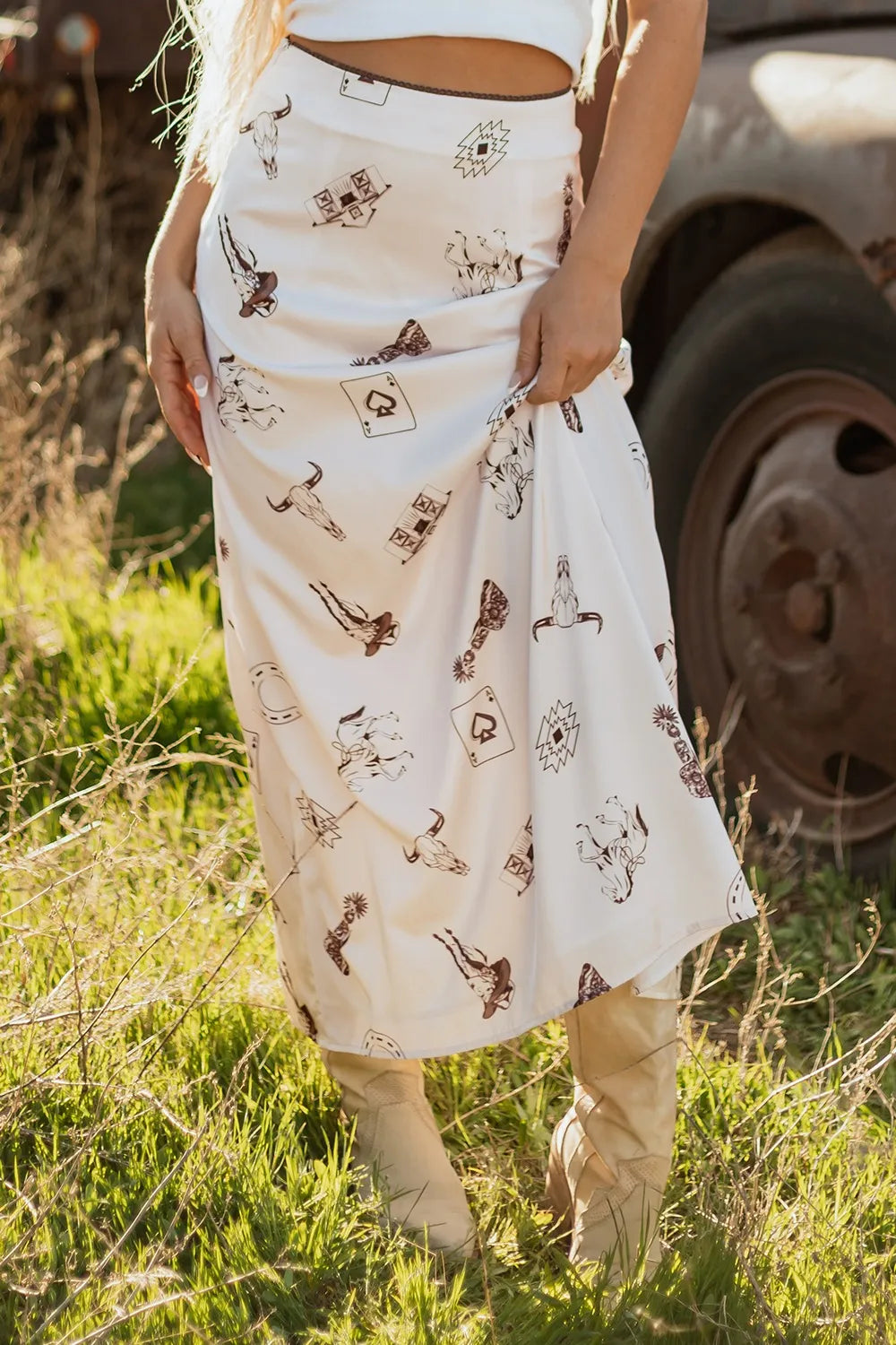 Trendsi Western Print Satin Long Skirt featuring stylish cowgirl graphics, ideal for casual and elegant outfits.